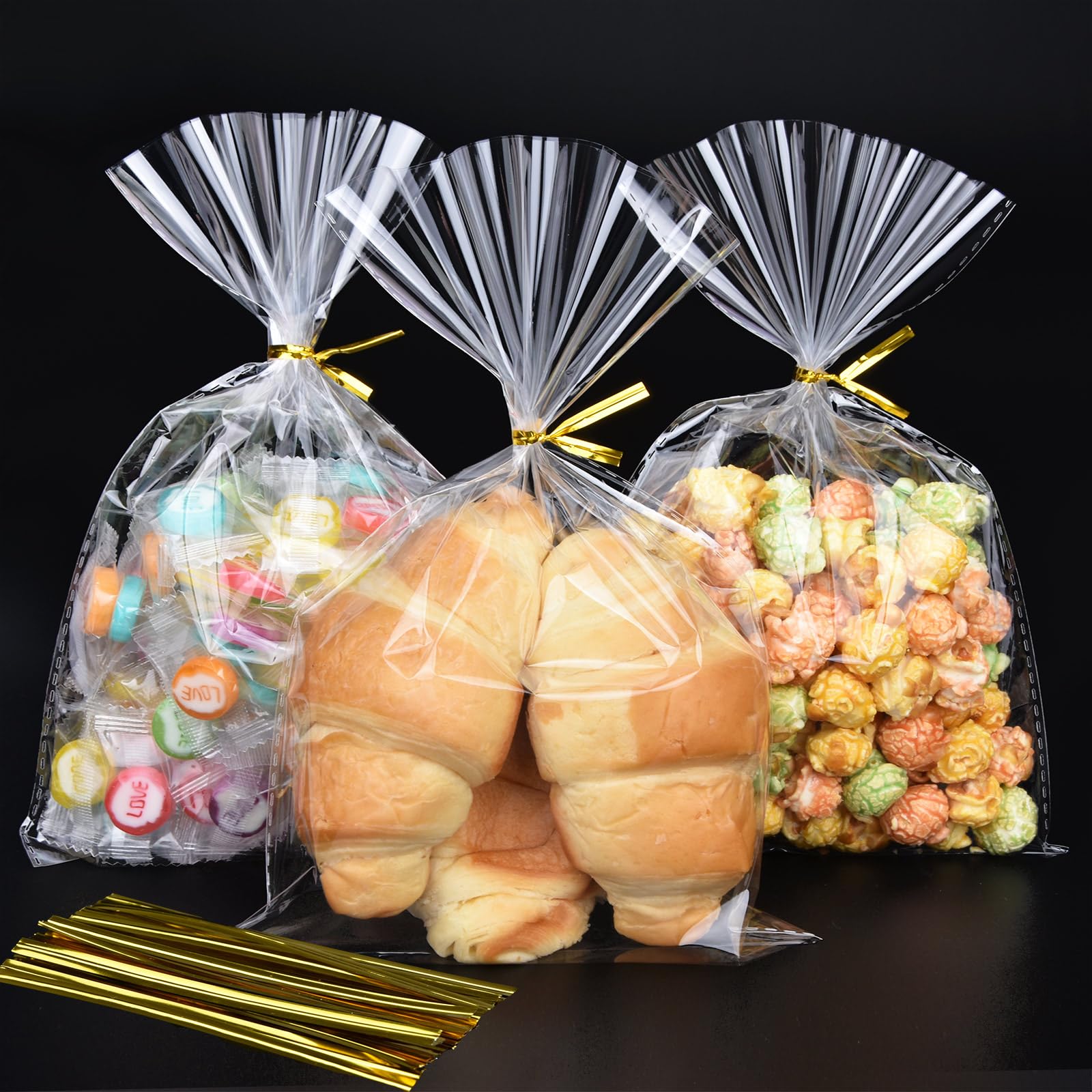 Photo 1 of [MISSING WIRE TIES] ZGORENDZ 120 PCS Clear Cellophane Treat Bags with Gold Twist Ties, 6.5x10 Inches Plastic Goodie Gift Bags for Party Favors, Candies, Cookies, Snacks