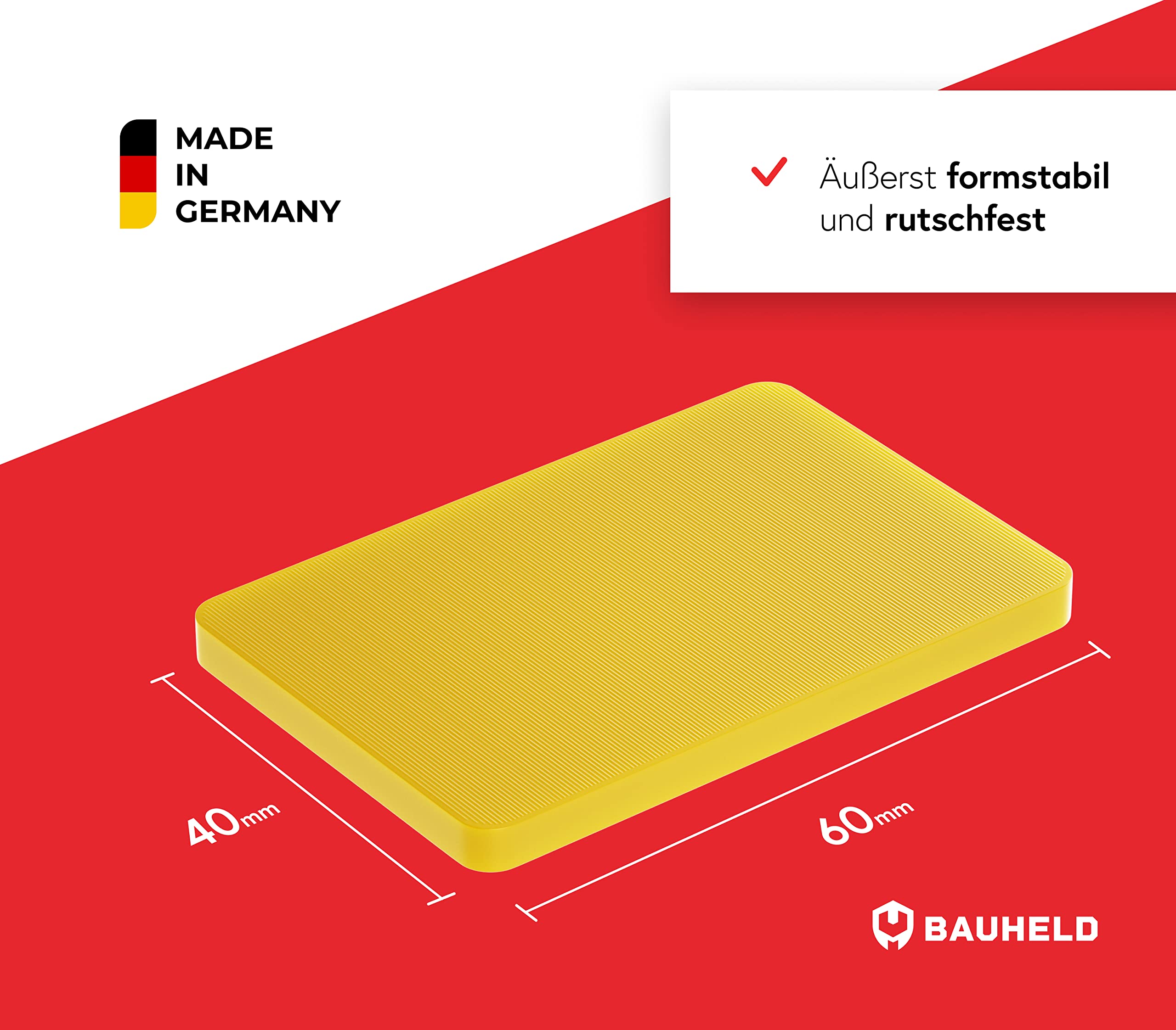 BAUHELD Universal Unterlegplatten 60x40 - Set [160 Stück] - Made in Germany - Rutschfeste Abstandshalter aus Kunststoff - Als Unterlegkeile, Kunststoffplatte, Fliesenkeile oder Verglasungsklötze