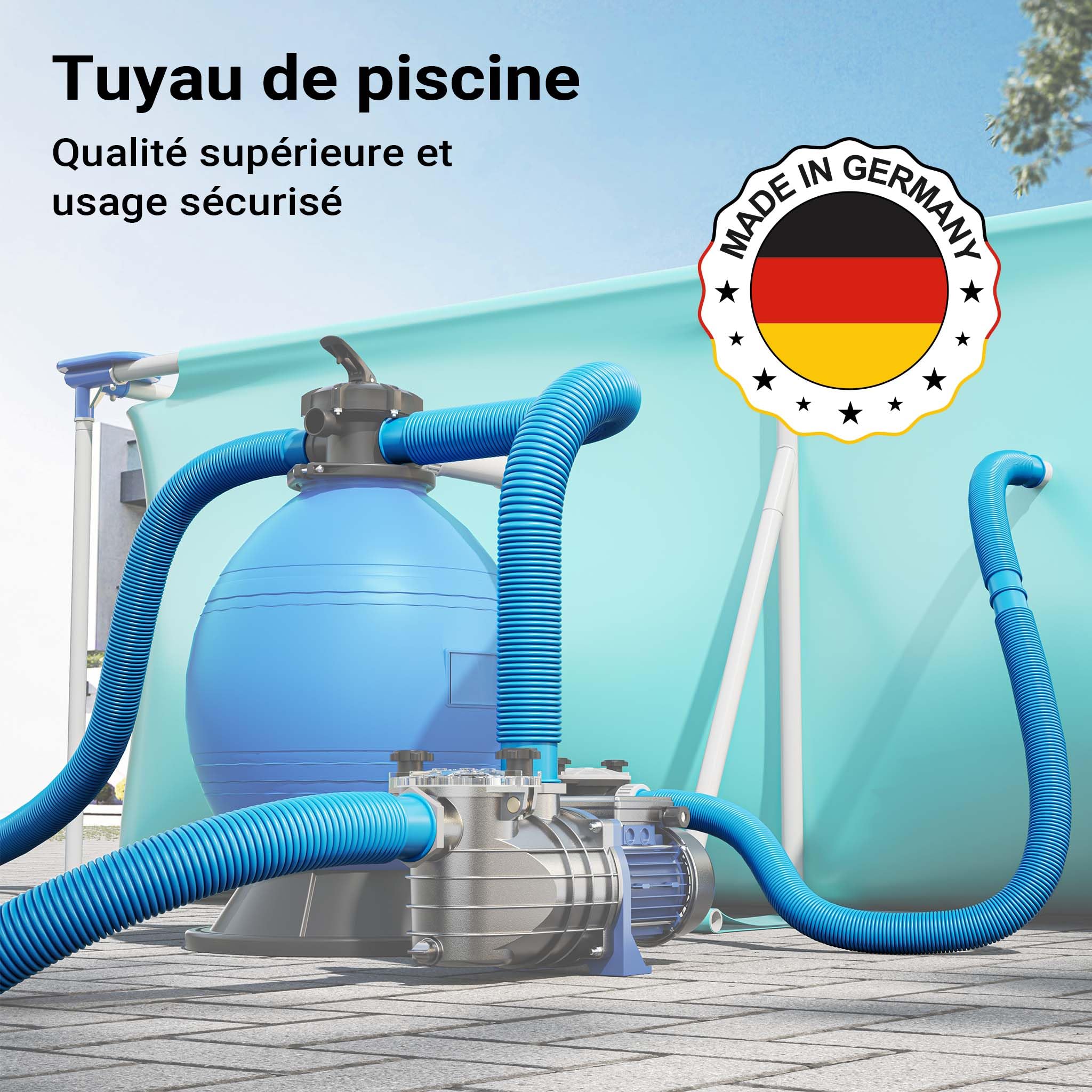 Wiltec Tuyau piscine bleu – 21 m de long, Ø 32 mm – Tuyau solaire flottant à sections préformées – 165 g/m – made in Europe – Boyau d’aspiration solaire