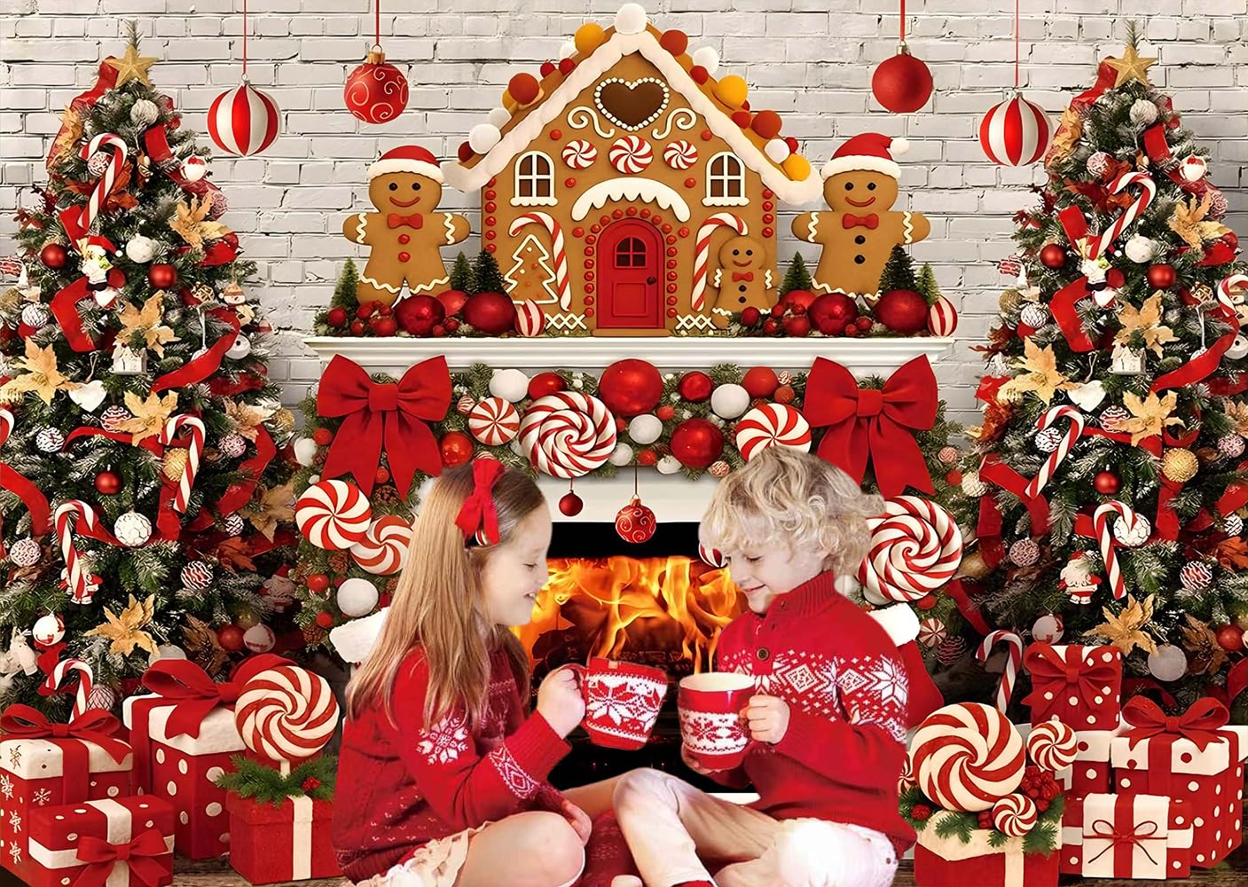Świąteczne tło fotograficzne 3 x 2,5 m, biała cegła kominek trzcina cukrowa dom piernik Xmas skarpety zimowe fotografia tło Boże Narodzenie rodzina impreza dekoracja banery rekwizyty