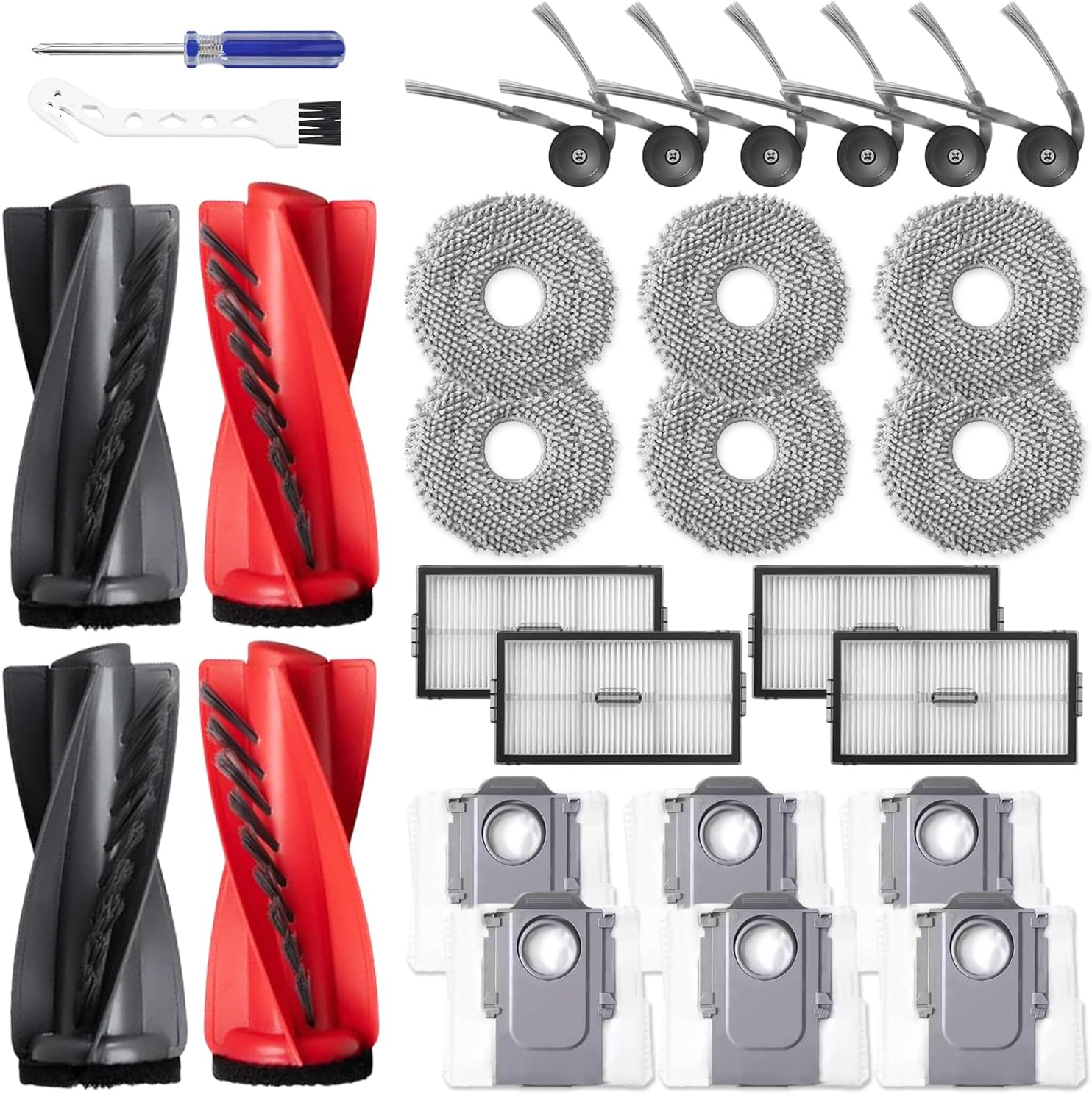 Replacement Kit Accessories Compatible with Roborock Saros 10R Robot Vacuum Cleaner Parts 2 Dual Main Brush 6 Side Brush 4 HEPA Filter 6 Mop Cloth 6 Dust Bag