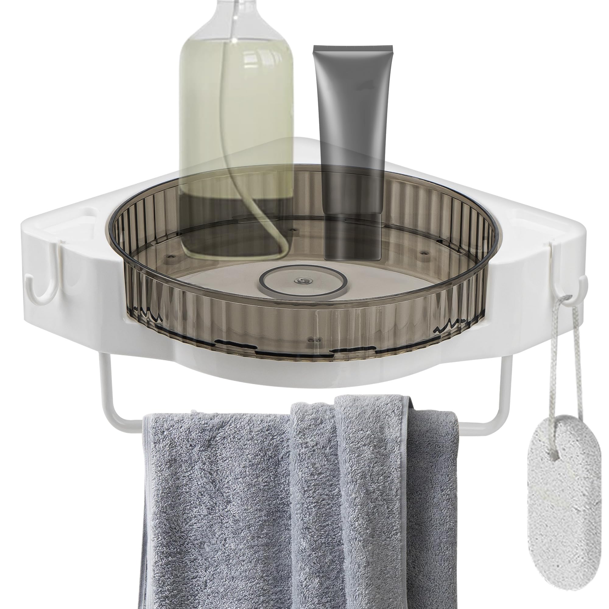DODAMOUR 360 Rotating Corner Shower Caddy No Drill Adhesive Turntable Shelf Spinning Bathroom Organizer Rack with Towel Bar