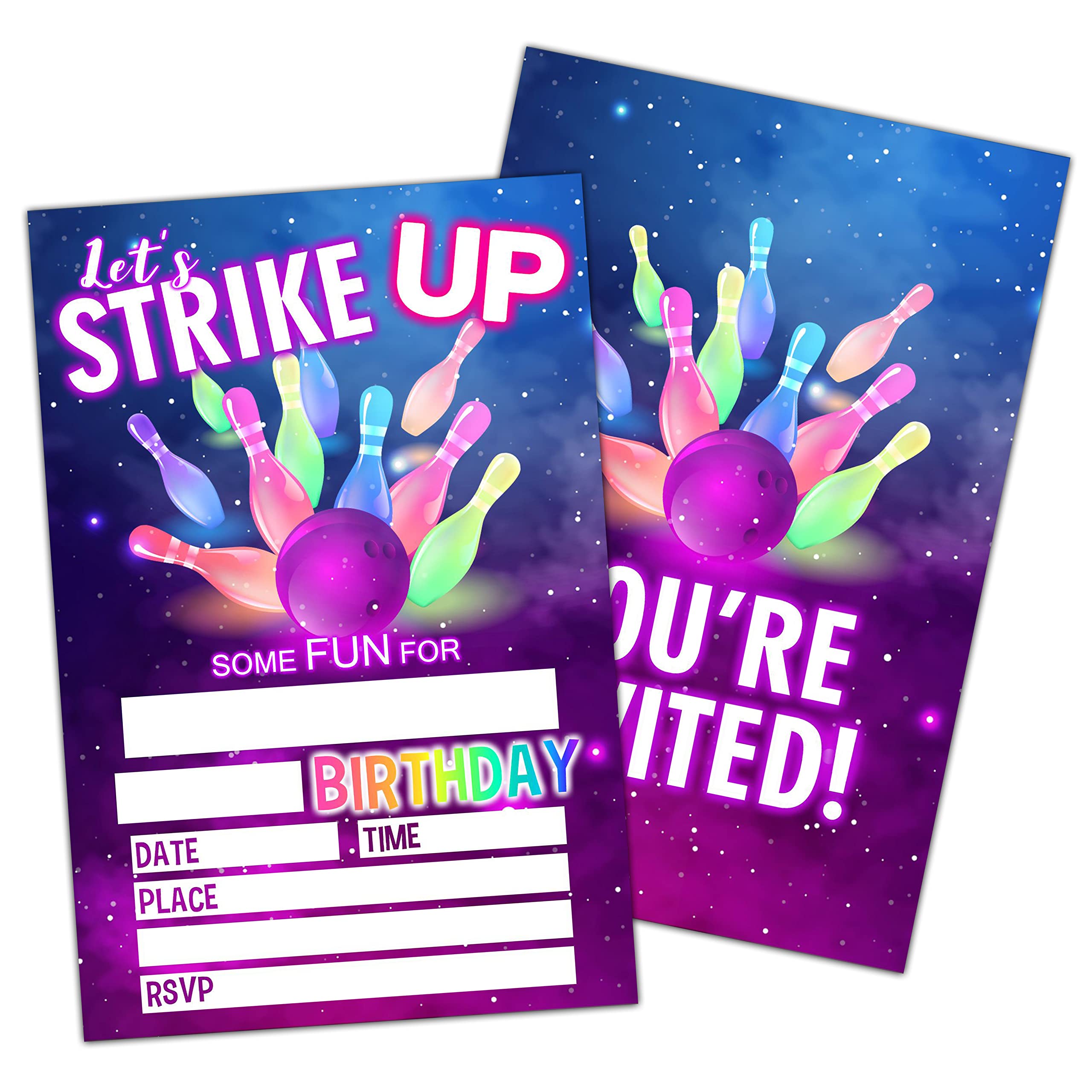 Vintage Neon Bowling Birthday Party Invitation, Let's Strike Up Some Fun Party Invite Cards For Kids, Boys & Girls, 20 Double-Sided Fill-In Invitation
