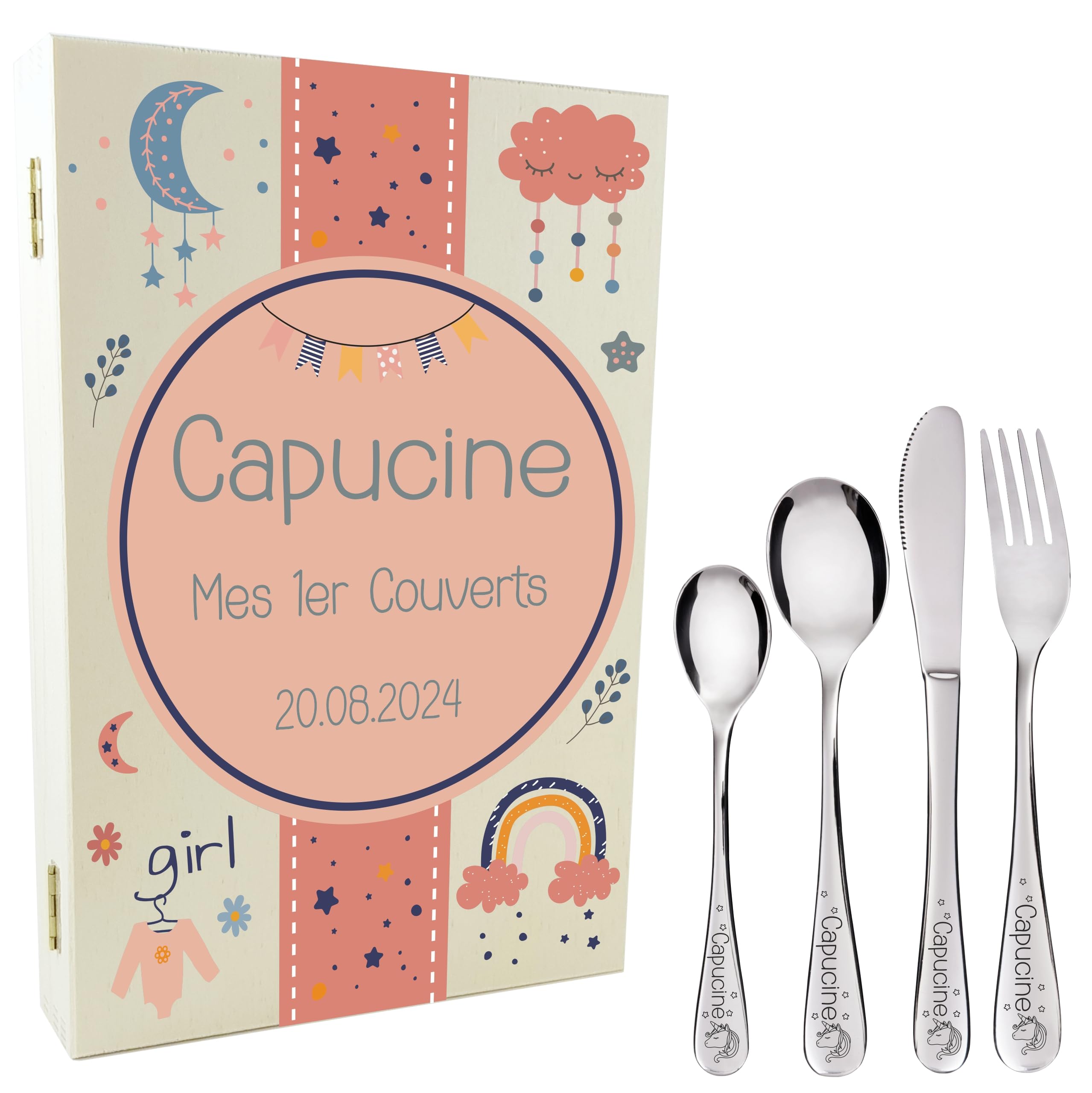Coffret Couverts Enfant Personnalisés Gravés En France - 4 Pièces Acier Inoxydable Avec Prénom - Cadeau Naissance Noël Baptême