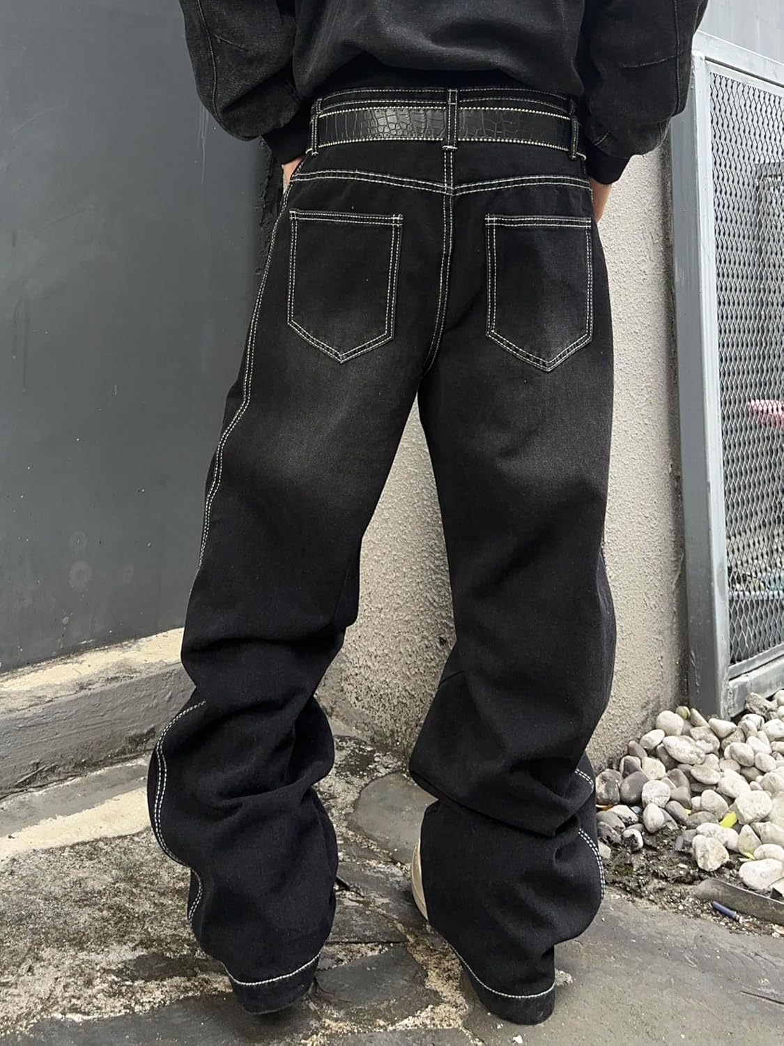 Mens Irregular Sutures Baggy Jeans with Angled Pocket Y2k Hip Hop Wide Leg Denim Pants - Image 5