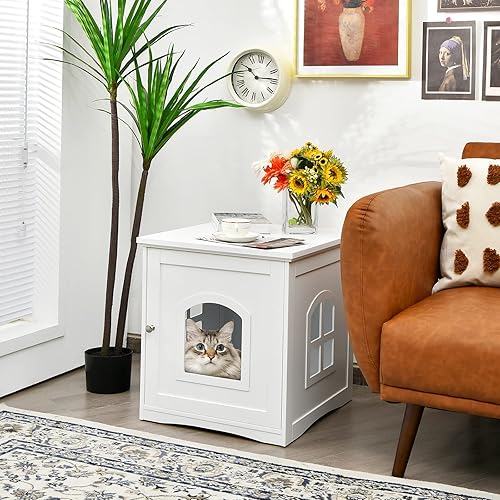Miniatura 3 de Tangkula Caja de arena para gatos, mesa auxiliar decorativa para gatos con puerta magnética y ventana cruzada, mesita de noche interior, casa de