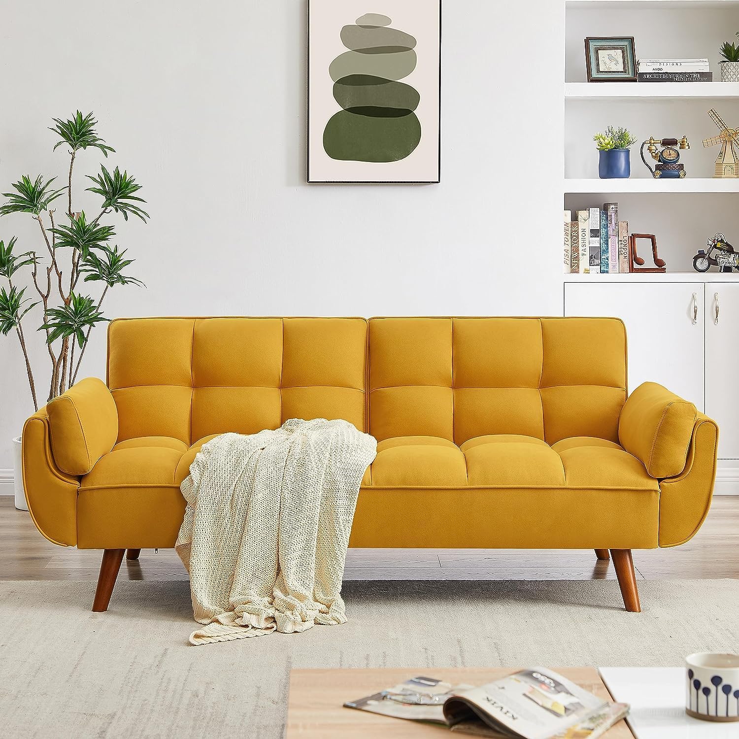 ERYE Modern Tufted Futon Sofa Daybed W/2 Pillows, Overstuffed Linen Upholsted Loveseat Sofabed Comfy Sleeper Couch Futon Bed for Home Office Apartment Living Space Guest Room