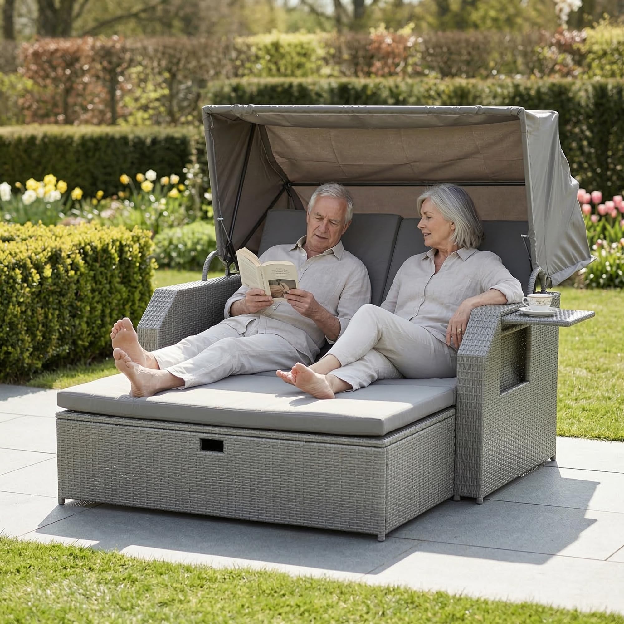 Mucola Strandkorb inkl. Sonnenschutz Polyrattan Sonnenbett inkl. verstellerbarer Rückenlehne und klappbaren Seitentischen Outdoor Lounge wetterfest
