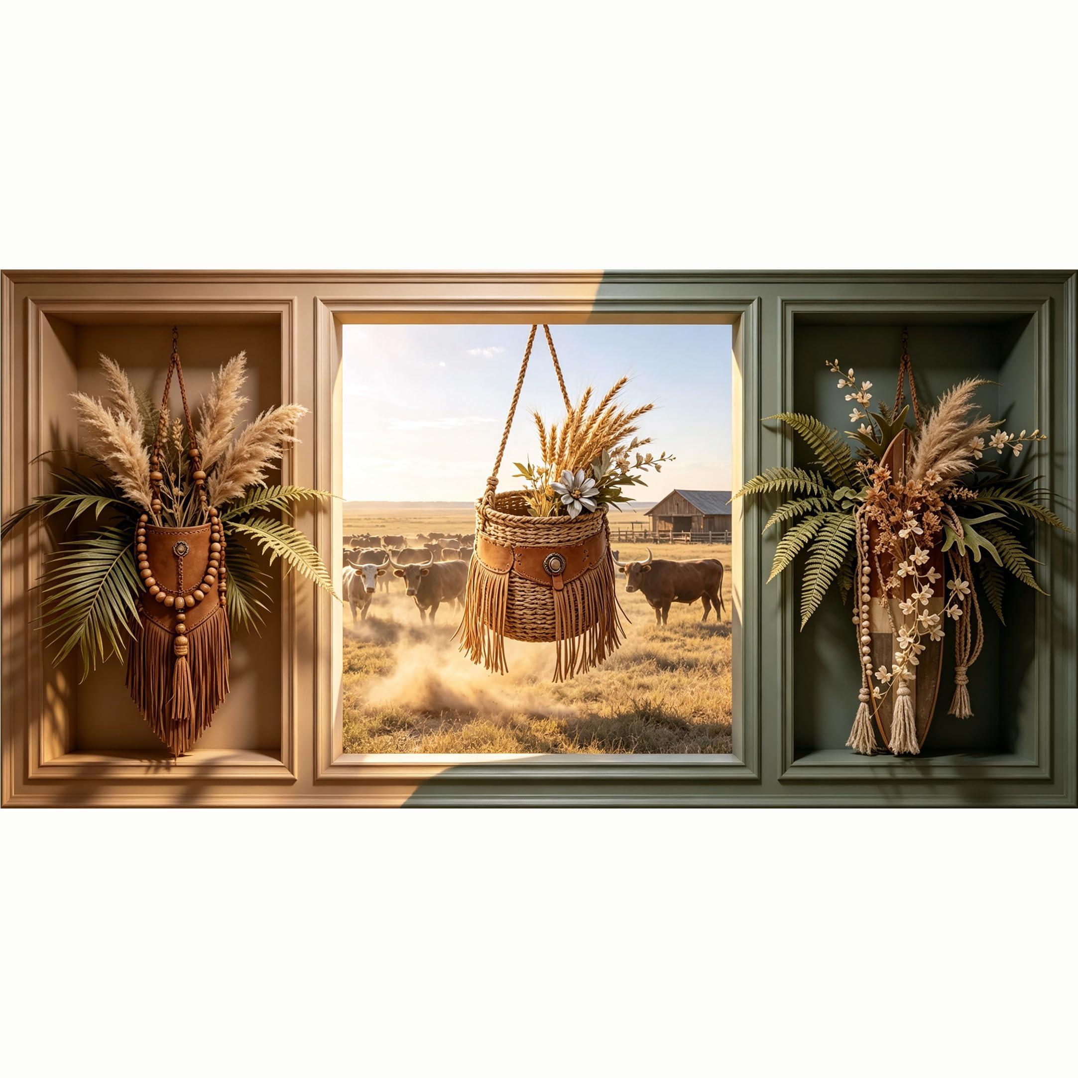 QZLITHOTIC 50x100cm 3D Framed Wall Art， Western Farmhouse Cattle Landscape Self‑Adhesive Mural， Water‑Activated Peel & Stick Fabric Decor Wall Decal for Bedroom Living Room