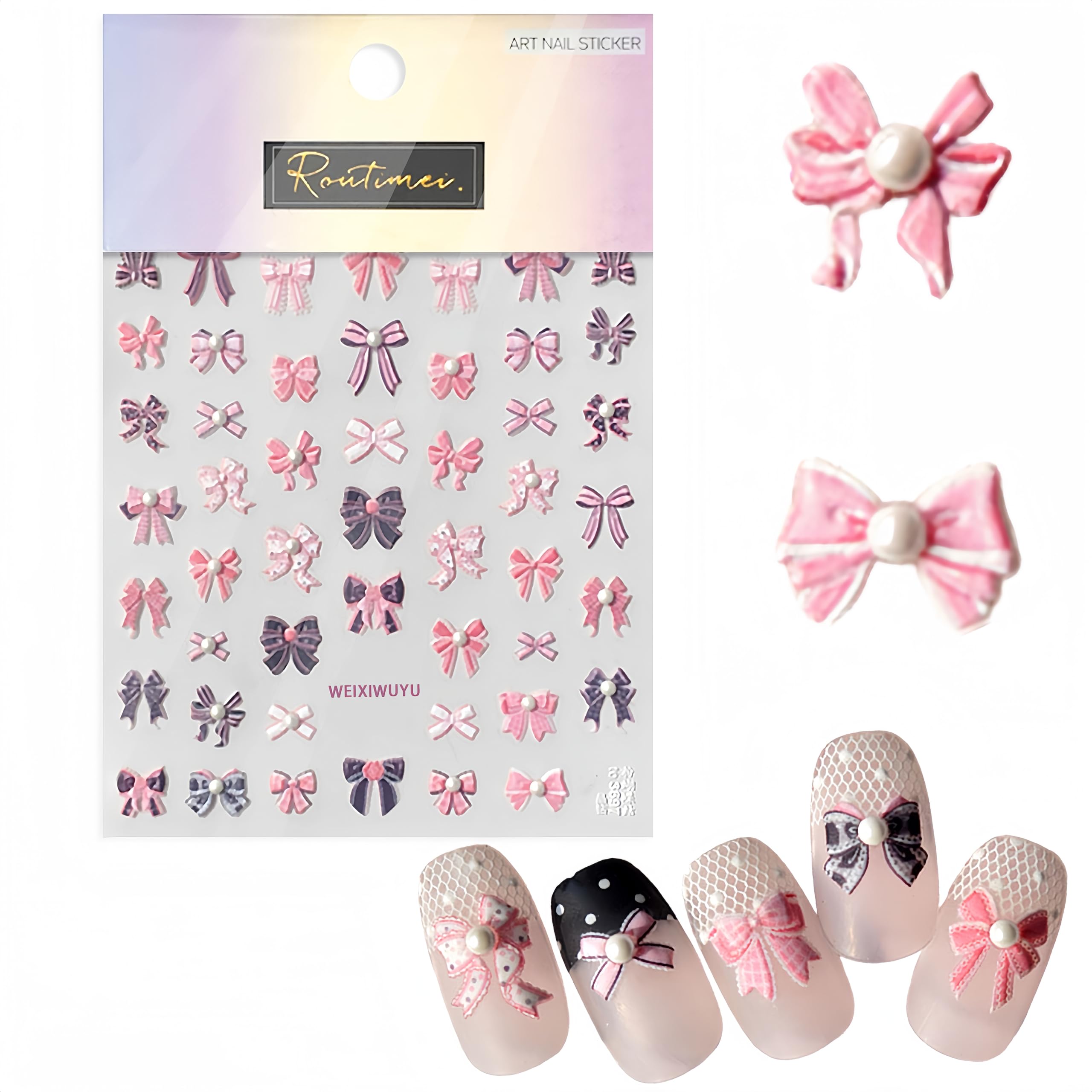 Pink Bow Knot Nail Art Stickers 5D Self-Adhesive Embossed Cute Bow Nail Decals Rhinestones Bow-Knot Elegant Pearl Design Nail Stickers for Women DIY