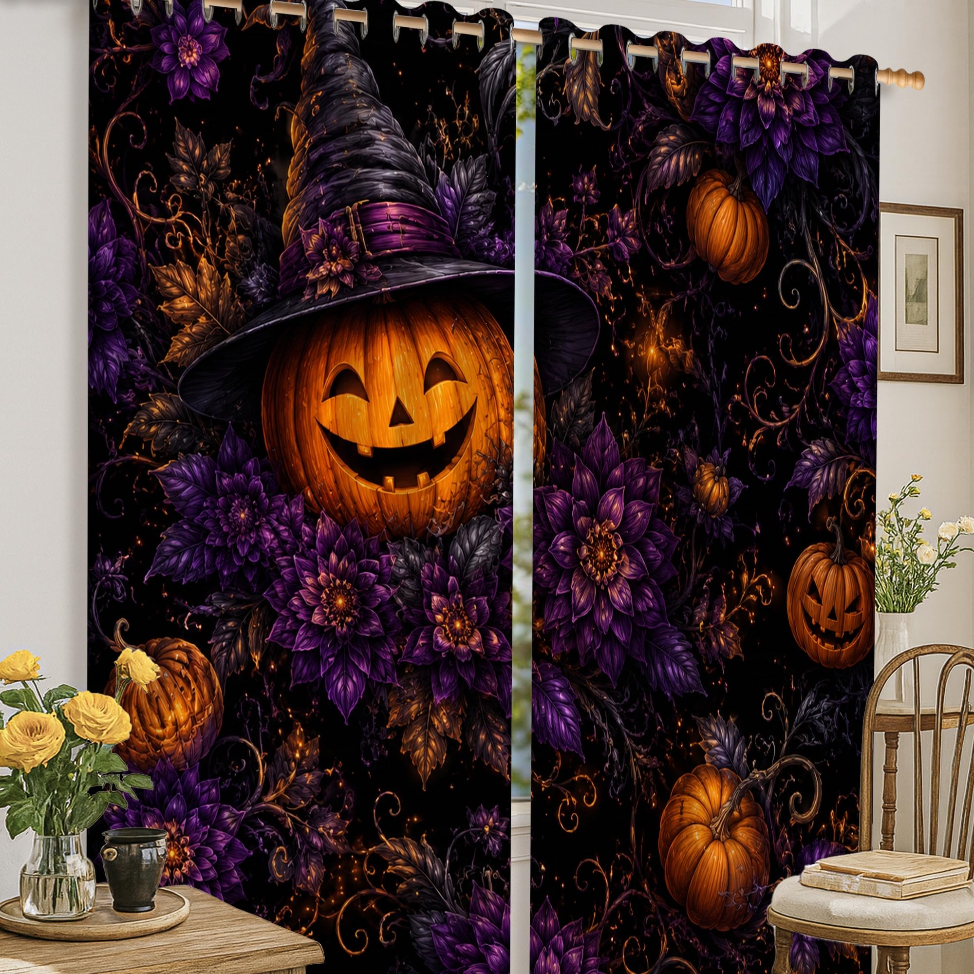 Rideaux occultants pour chambre à coucher au motif citrouille violet