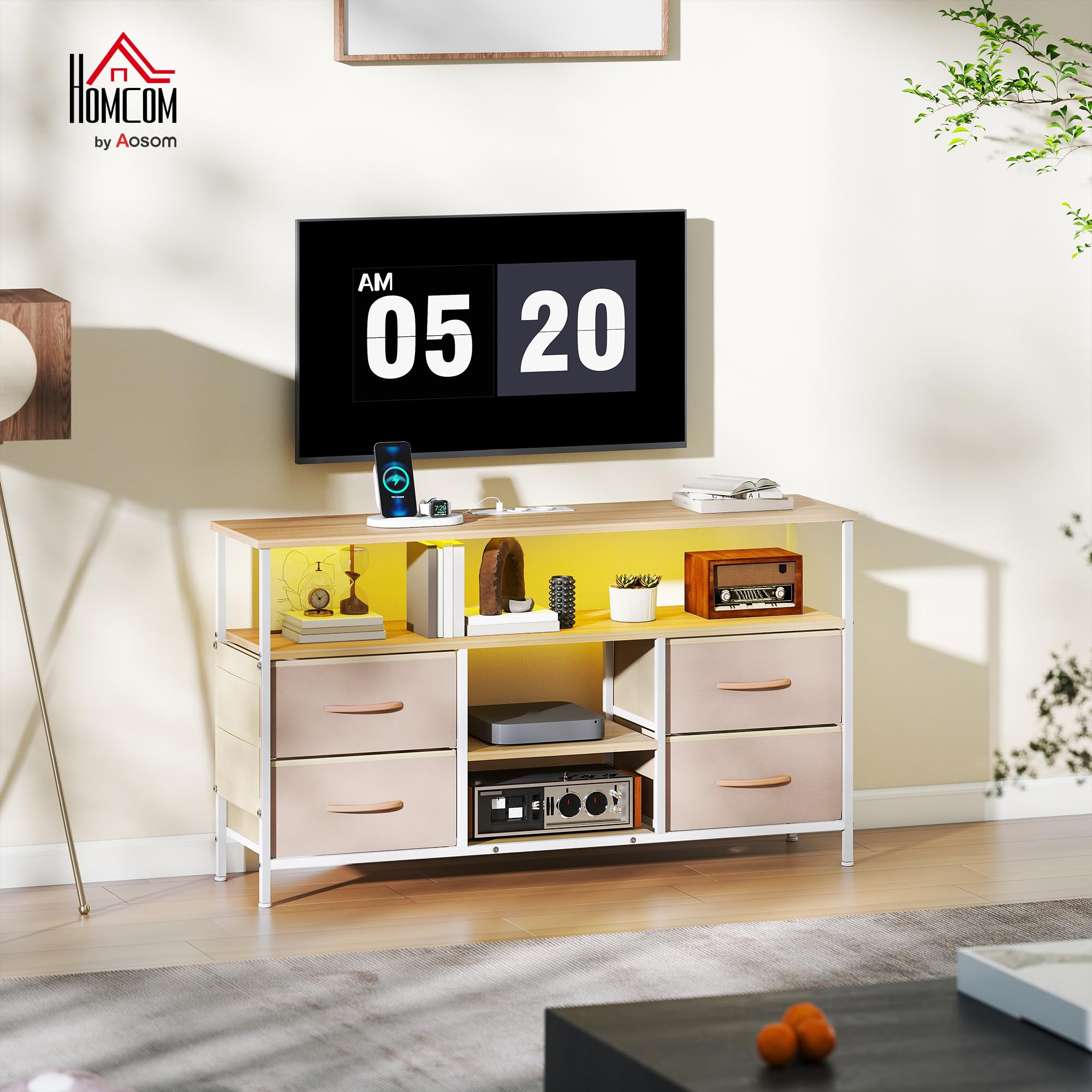 HOMCOM Mueble de TV con Luz LED Enchufes hasta 50 Pulgadas Beige y Natural | Mesa de TV para Salón, Puertos USB, Estantes Abiertos, 4 Cajones de Tela Plegables y Bolsillo