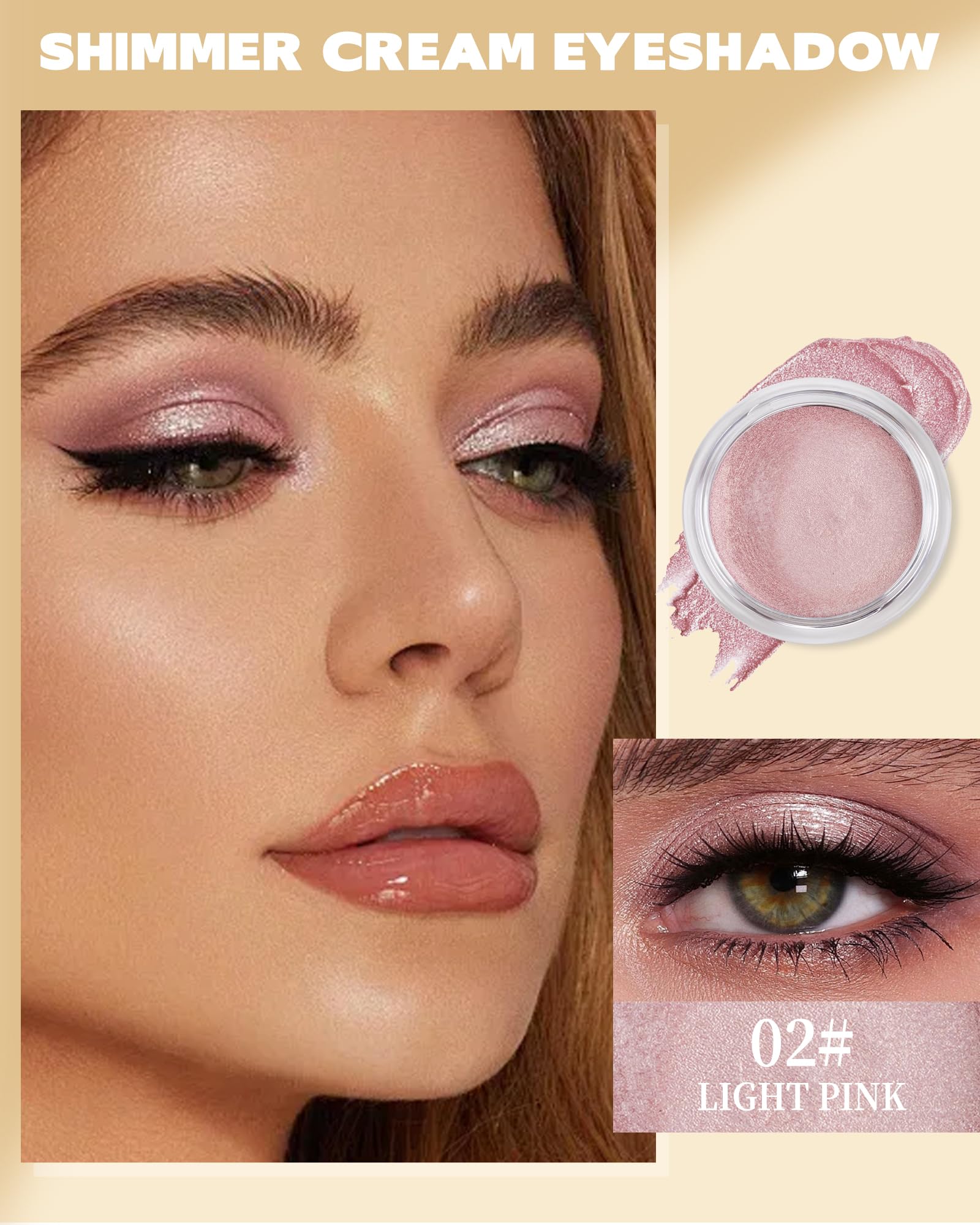 Shimmer Cream Eyeshadow, Ultra-Blendable Glitter Eye Shadow with Moisturizing Formula, Waterproof Long Lasting & Highly Pigmented, Single Creme Eyeshadow Highlighter Makeup for Women-02#Light Pink