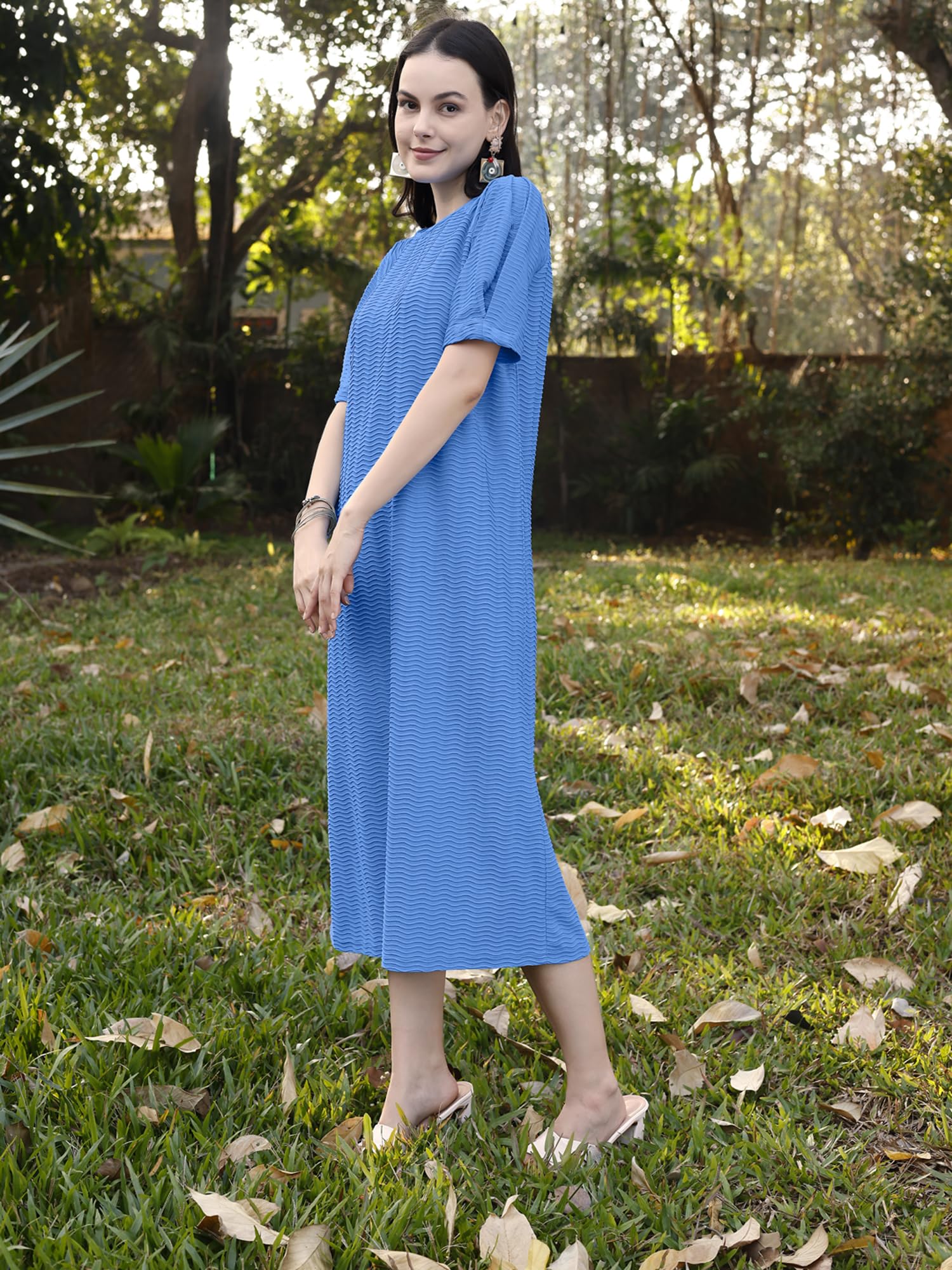 Purvaja Womens A-Line Below Knee Length Dress (Yuvi-011-Blue_Blue_Medium)