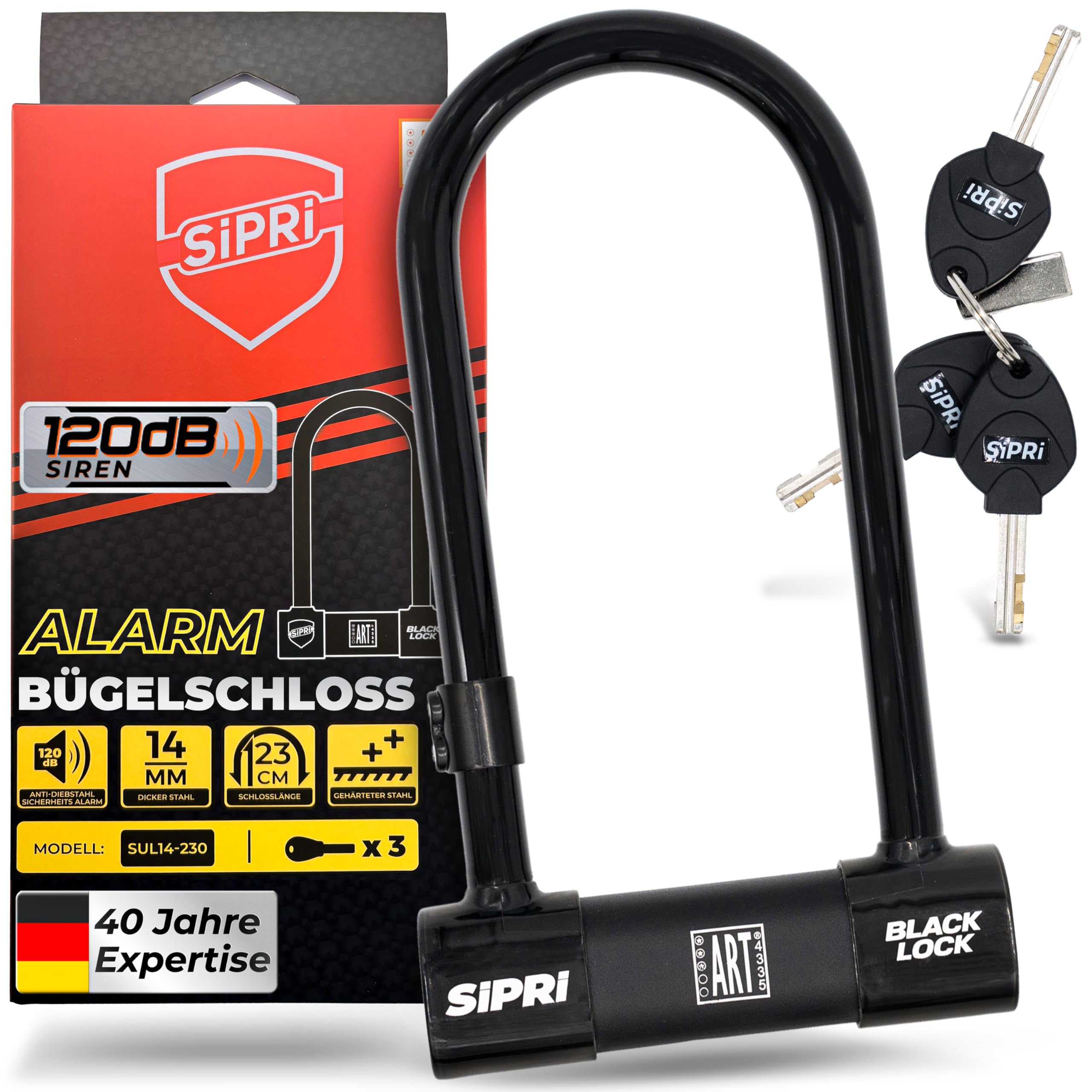 SIPRI® Fahrradschloss mit Alarm 120 dB | Gehärtetes Bügelschloss für E-Bike | E-Scooter & Motorrad | 14 mm Stahl | 230 mm | wetterfest | Diebstahlschutz | Schloss mit Schlüssel | robust & sicher