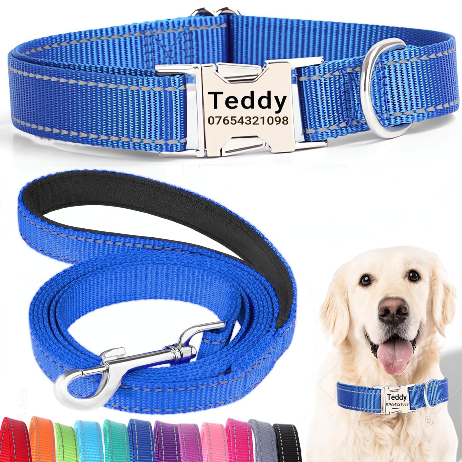 SEOUGEE Juego de collar y correa para perro personalizado con hebilla de metal grabada, collares reflectantes de nailon y correa para perros grandes con placa de identificación personalizada número de