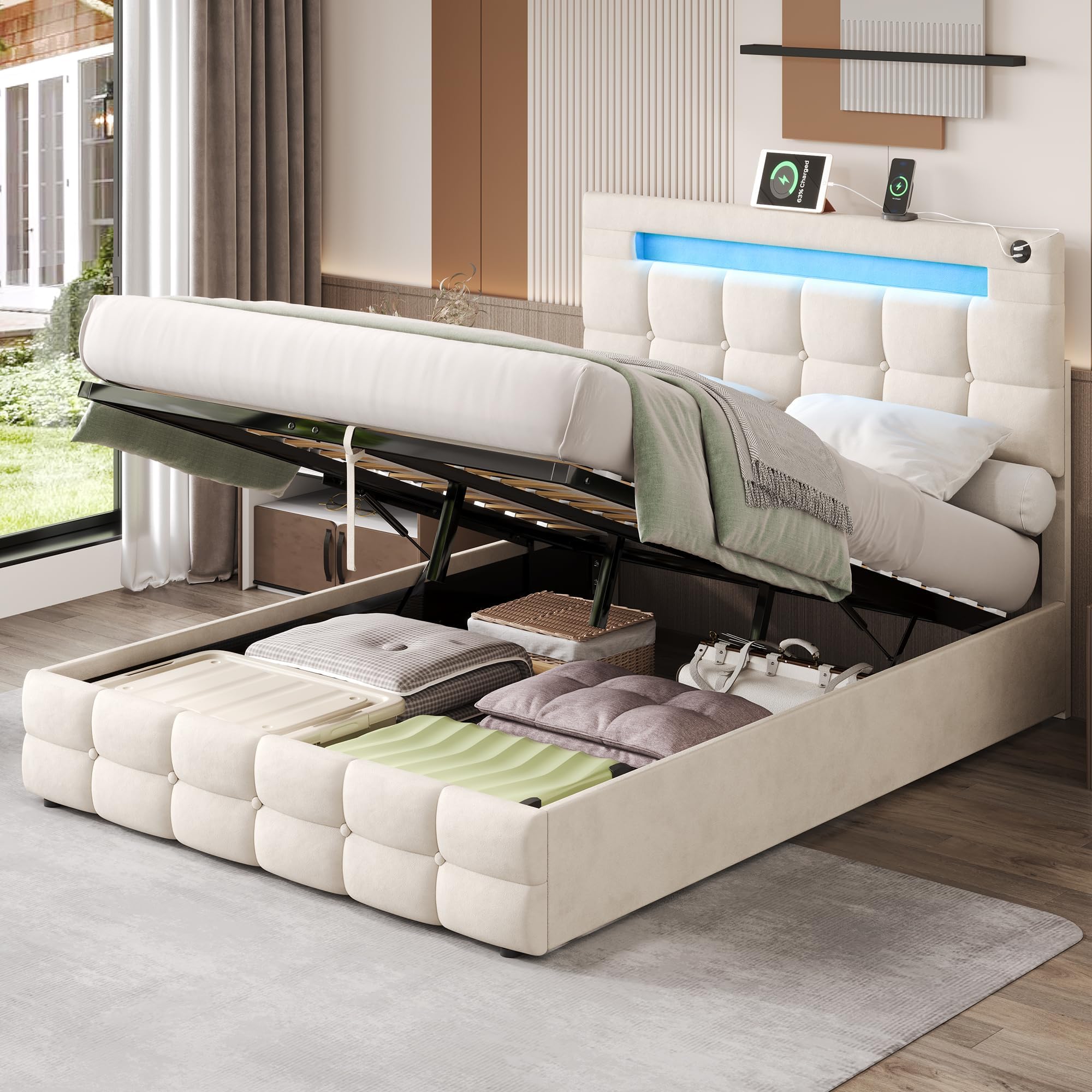 4ft6 Double Upholstered Bed Velvet Ottoman Bed Frame LED Upholstered Bed with Hydraulic Storage,USB & Type-C Charging Ports,Adjustable Tufted Headboard, No Box Spring Needed, Beige - Without Matress