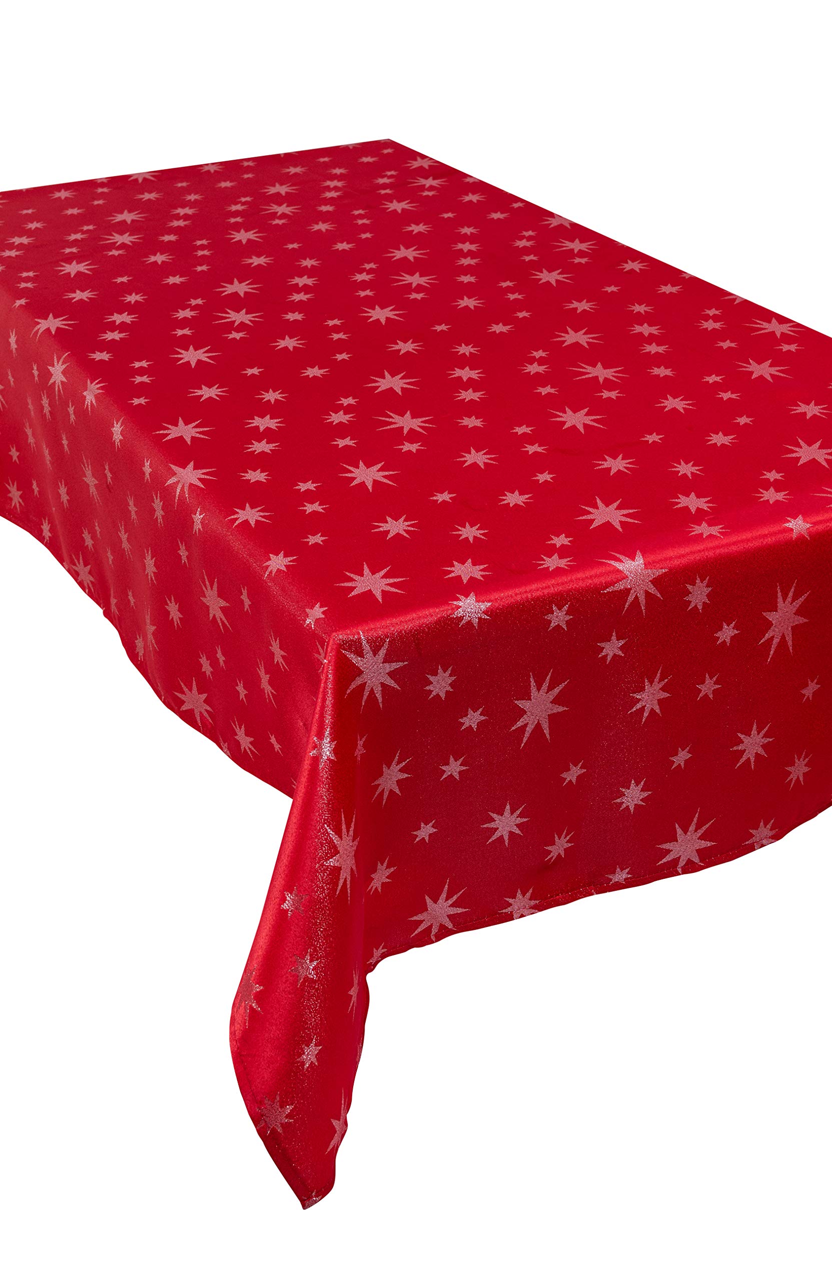 Diana Cowpe Red Christmas Seasonal Star Pattern Tablecloth Metallic Silver Stars Xmas Dinner Table (180Cm X 275Cm (71" X 108") Rectangular)