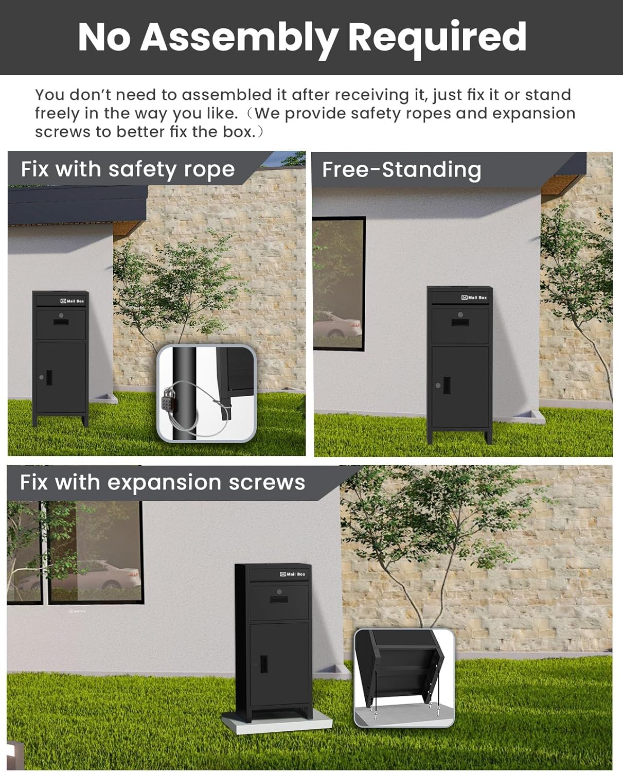 Package Delivery Boxes for Outside, No Assembly Required Outdoor Parcel Drop Boxes with Lock, Large Storage, Anti-Theft Design, Waterproof for Porch/Curbside (Black 16"×16"×38.1"）