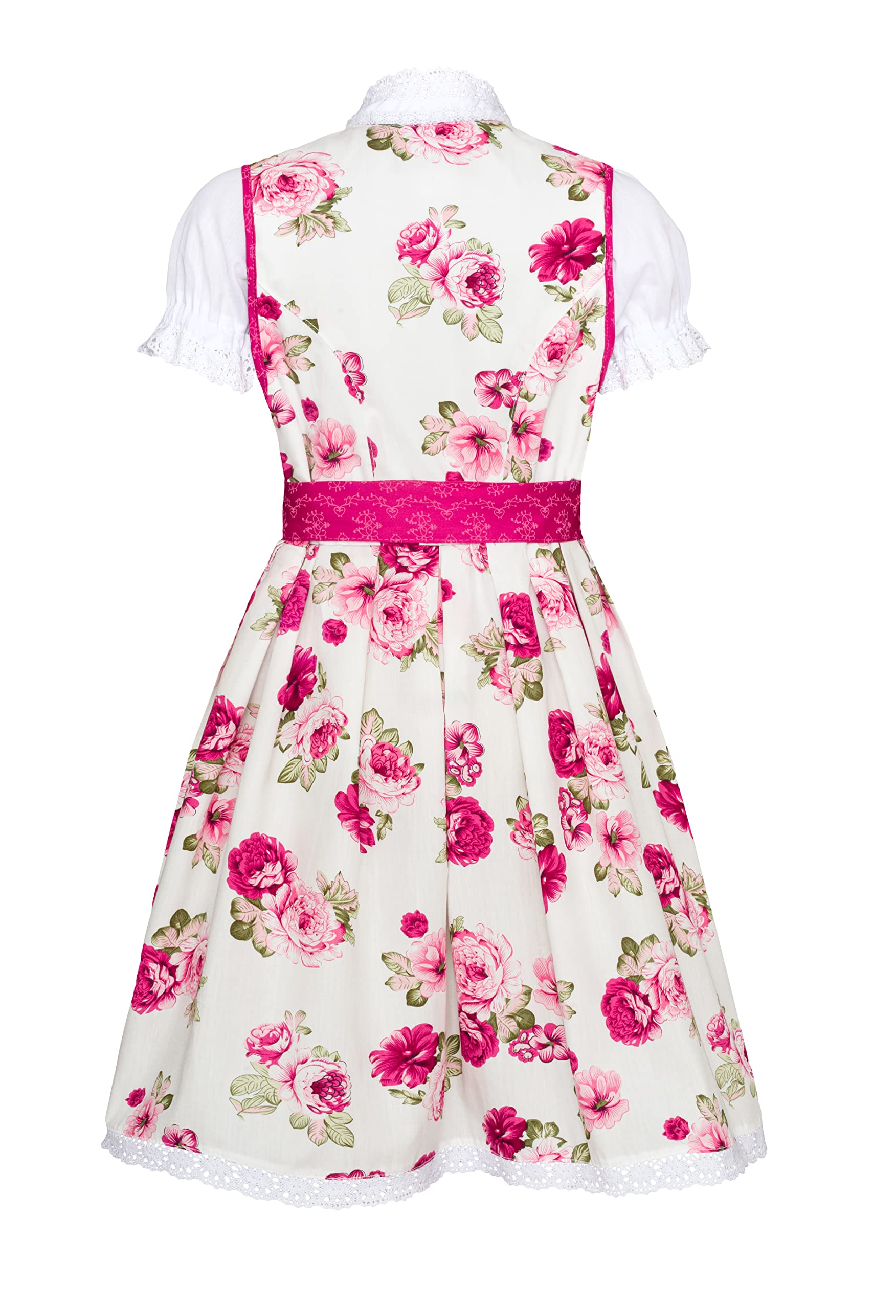 Ramona Lippert® - Dziecięcy Dirndl dla dziewczynek - zestaw Dirndl Tami - różowy + biały z nadrukiem róży - w zestawie sukienka, fartuch i bluzka - świąteczny strój ludowy - rozmiar 86 do 164, Rosa, 86/92 cm