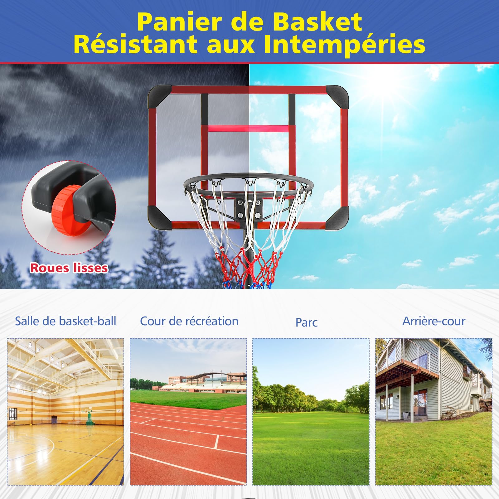 GYMAX Panier Basket Extérieur pour Enfant, Hauteur Réglable 155-210 CM, Base Stable Remplissable, Déplacement Facile avec Roues Lisses