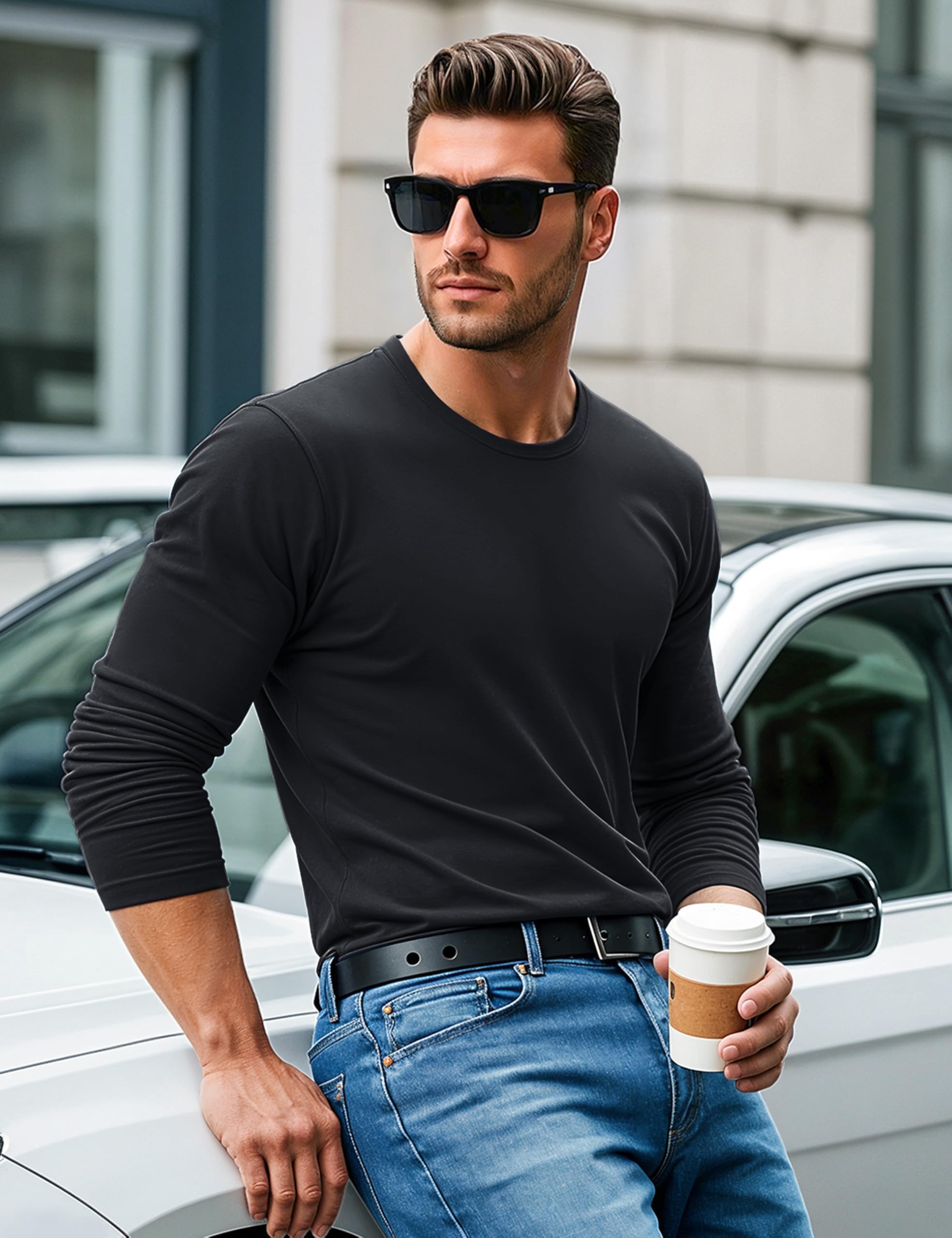 MAGCOMSEN Hommes T-Shirt à Coton Manches Longues avec Encolure Ronde Base Décontractée
