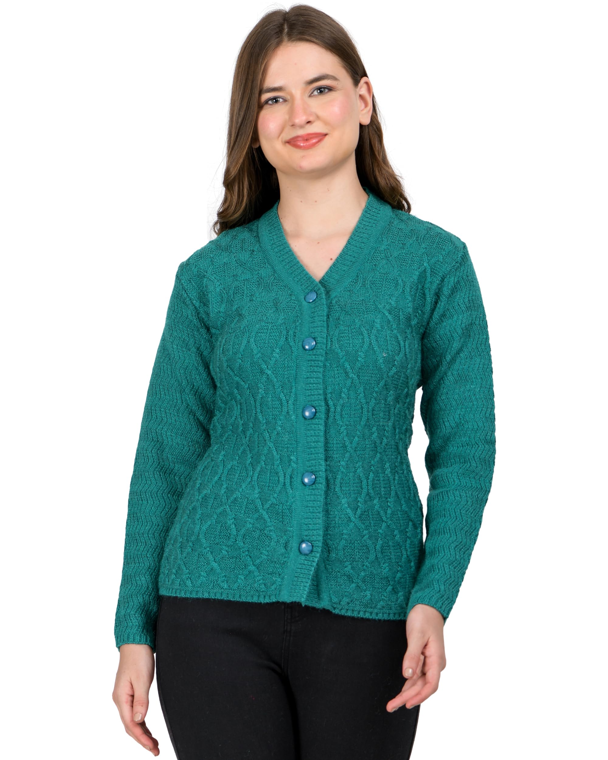 Lady Willington Women Woolen V-Neck Self Design Cardigan Heavy Rainbow Fabric Winter Wear Pure Wool Cardigans for Women Sweaters Fully Warm Cardigan Free Sizes