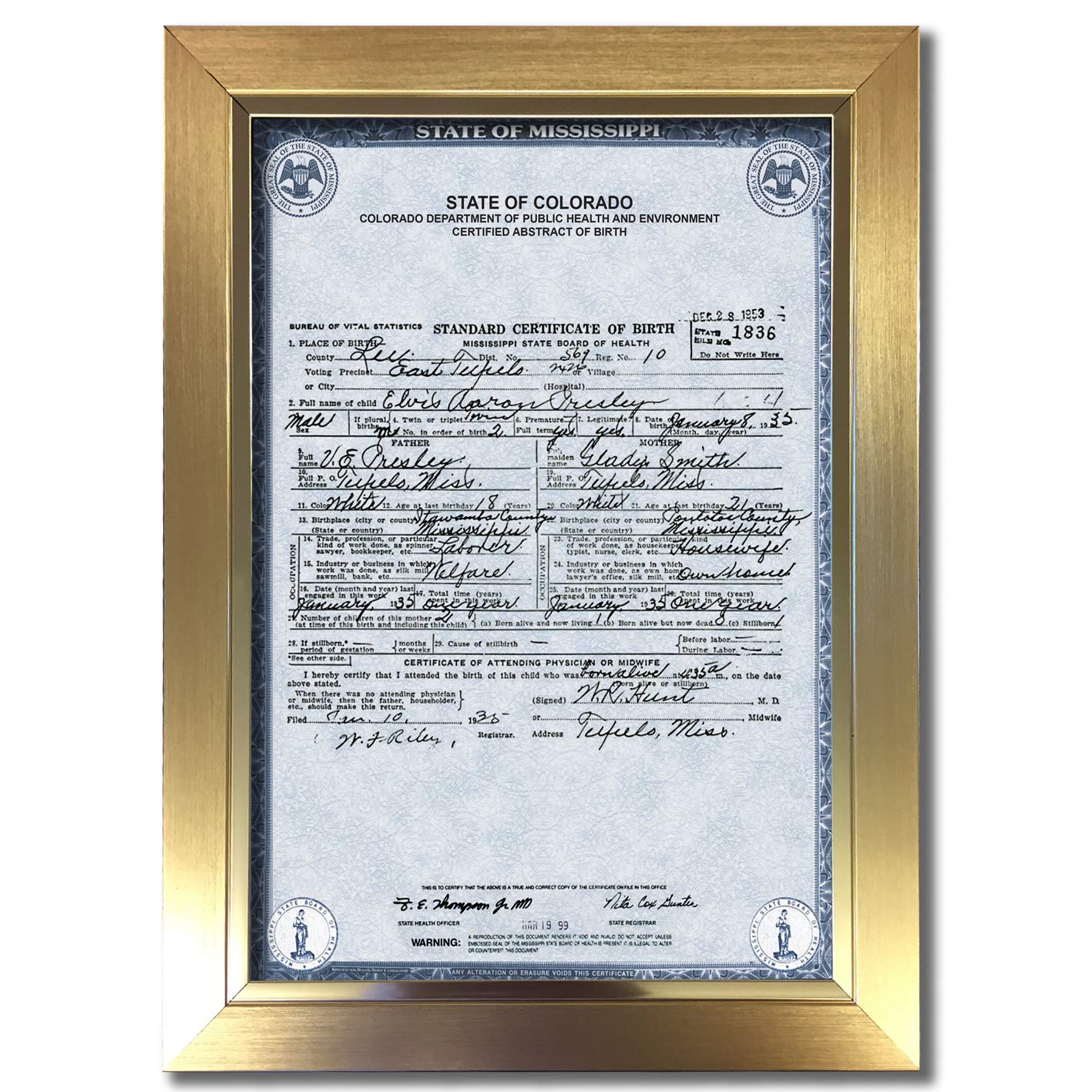 U've Been Framed Gold #811 Elvis Presley Birth Certificate Signed Autograph Reproduction Print A4 Rare Perfect Birthday (297 X 210Mm) (Not Framed)