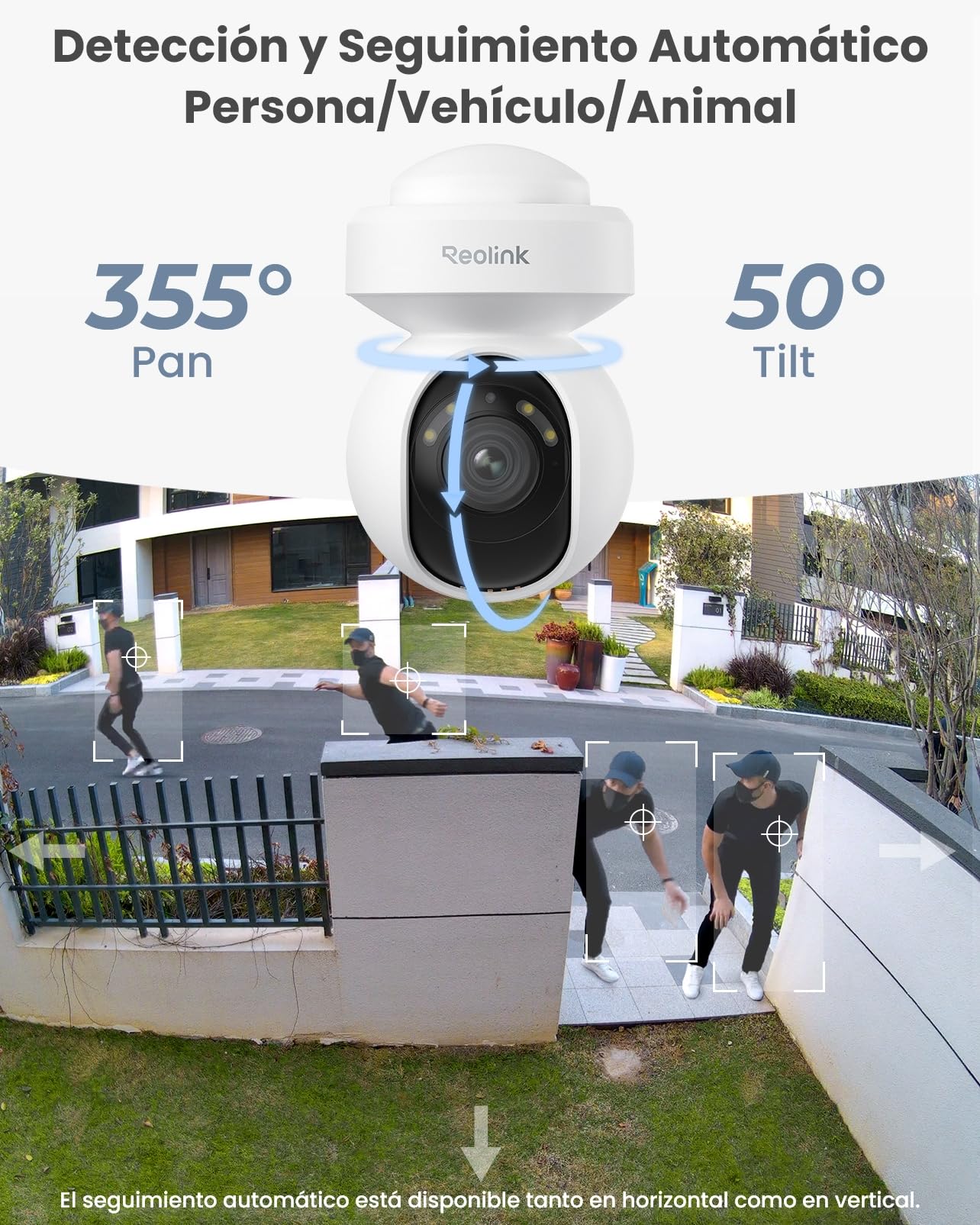 Reolink 5MP PTZ Camara Vigilancia WiFi Exterior con 3X Zoom Óptico, Focos y Visión Nocturna en Color, 2.4/5GHz WiFi Cámara con Detección de Personas/Vehículos, Seguimiento Automático, E1 Outdoor
