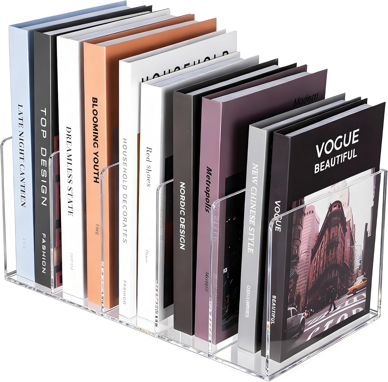 SEANADO Clear Acrylic Magazine File Holder with 5 Vertical Compartments Desk Organizer Book Rack for Home Office Desk Sorter Paper Folder Stand Bookshelf