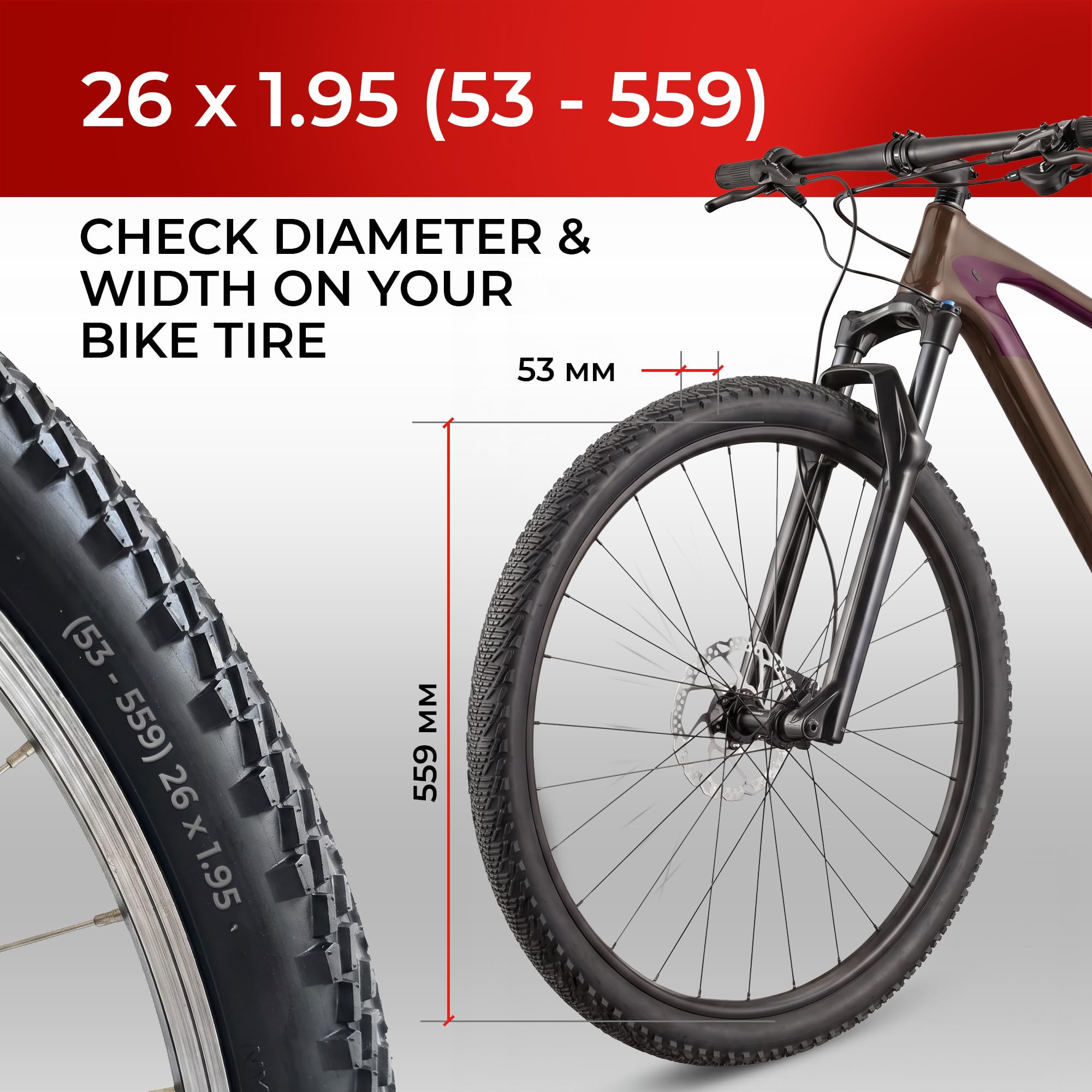 Fincci Opony rowerowe 66 x 1,95 cala 53-559 MTB hybrydowe opony z 3 mm ochroną przed przebiciem 60 TPI do roweru, szosowego, górskiego, hybrydowego roweru z oponą 26 x 1,95