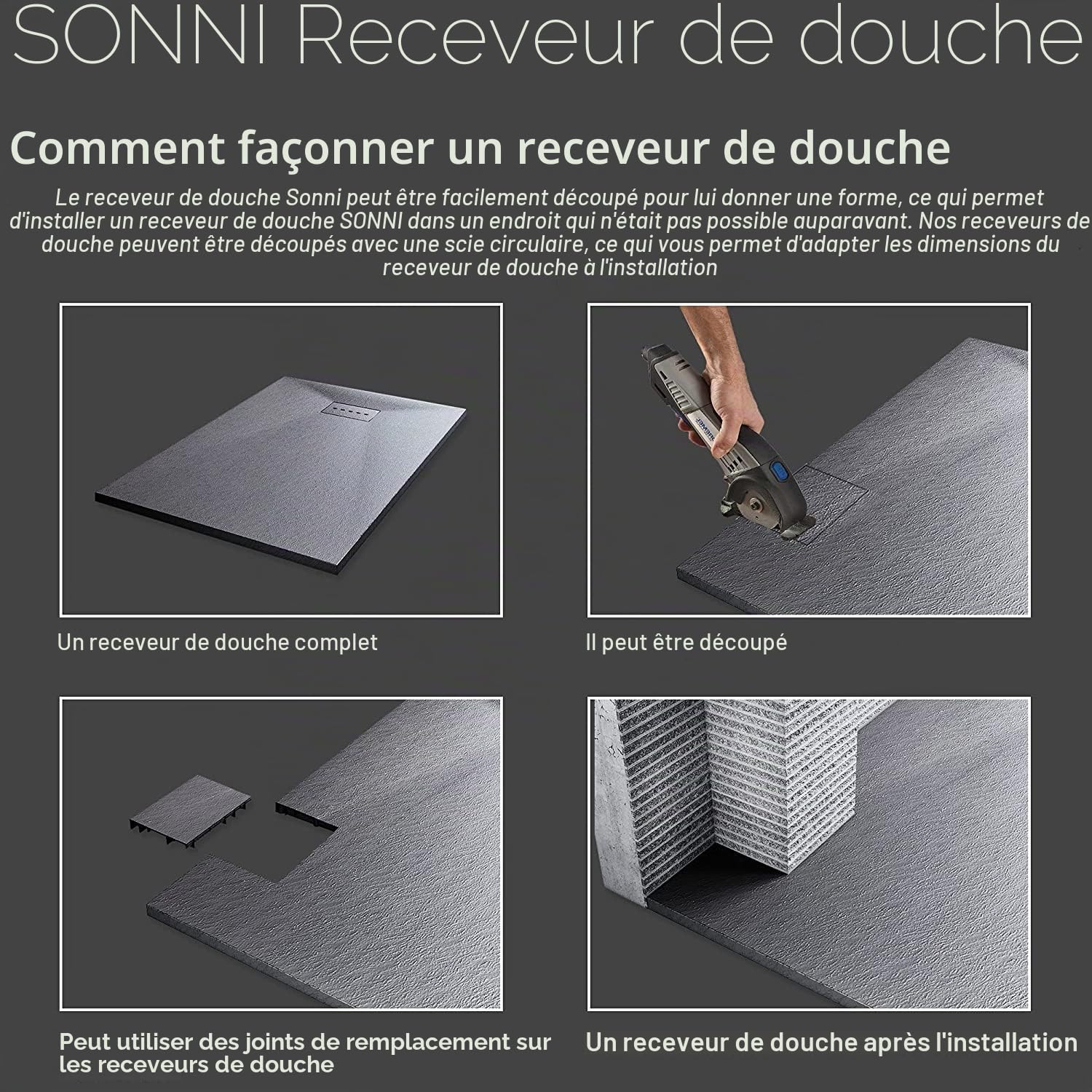SONNI Receveur de douche 140 x 90 cm - Gris aspect ardoise et structure antidérapante - Avec siphon