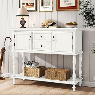 Console Table with 2 Drawers, Retro Entryway Table with 2 Door Cabinets and Open Storage Shelf, Narrow Long Behind Couch Sofa Table for Living Room, Foyer, Hallway, White