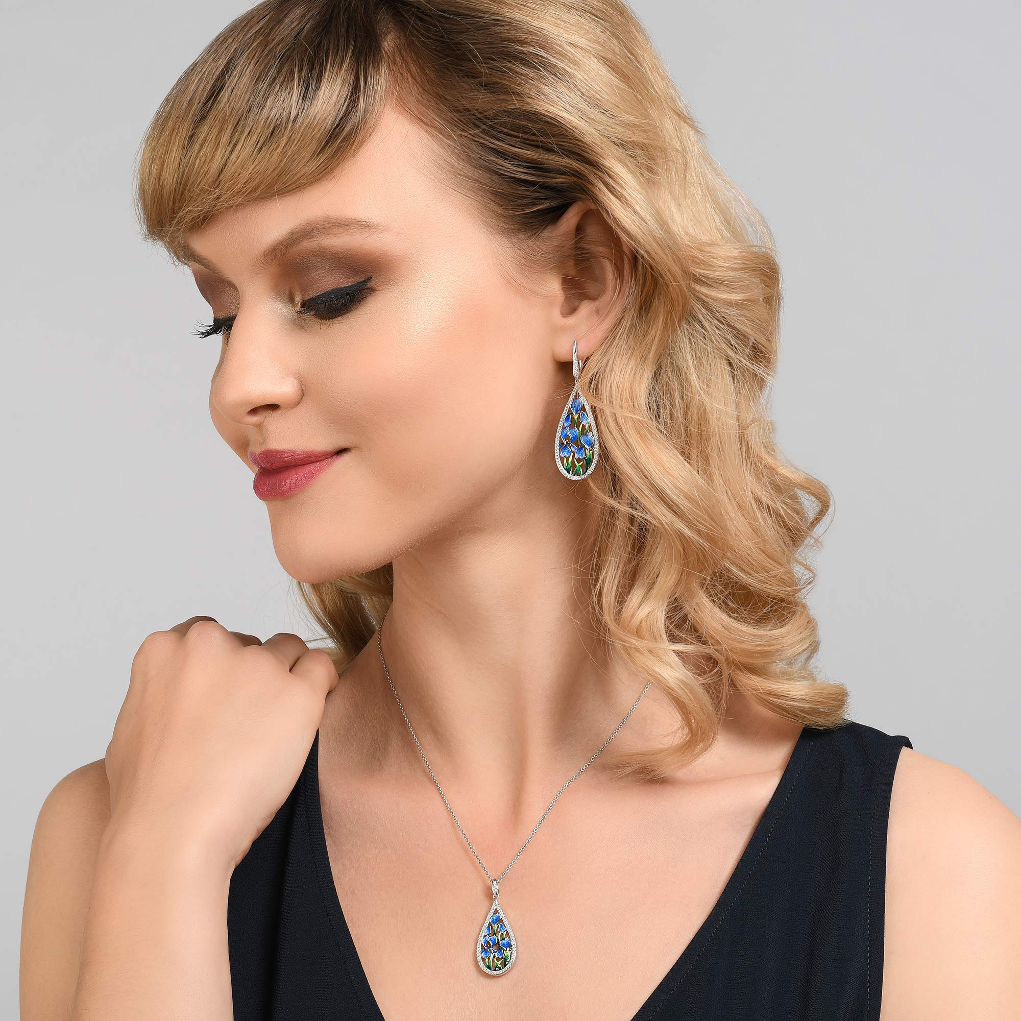 Namana Collana da donna a forma di fiore blu, in argento Sterling 925, con smalto e zirconia cubica, collana da donna in argento Sterling 925, con confezione regalo, Smalto, Zirconia cubica