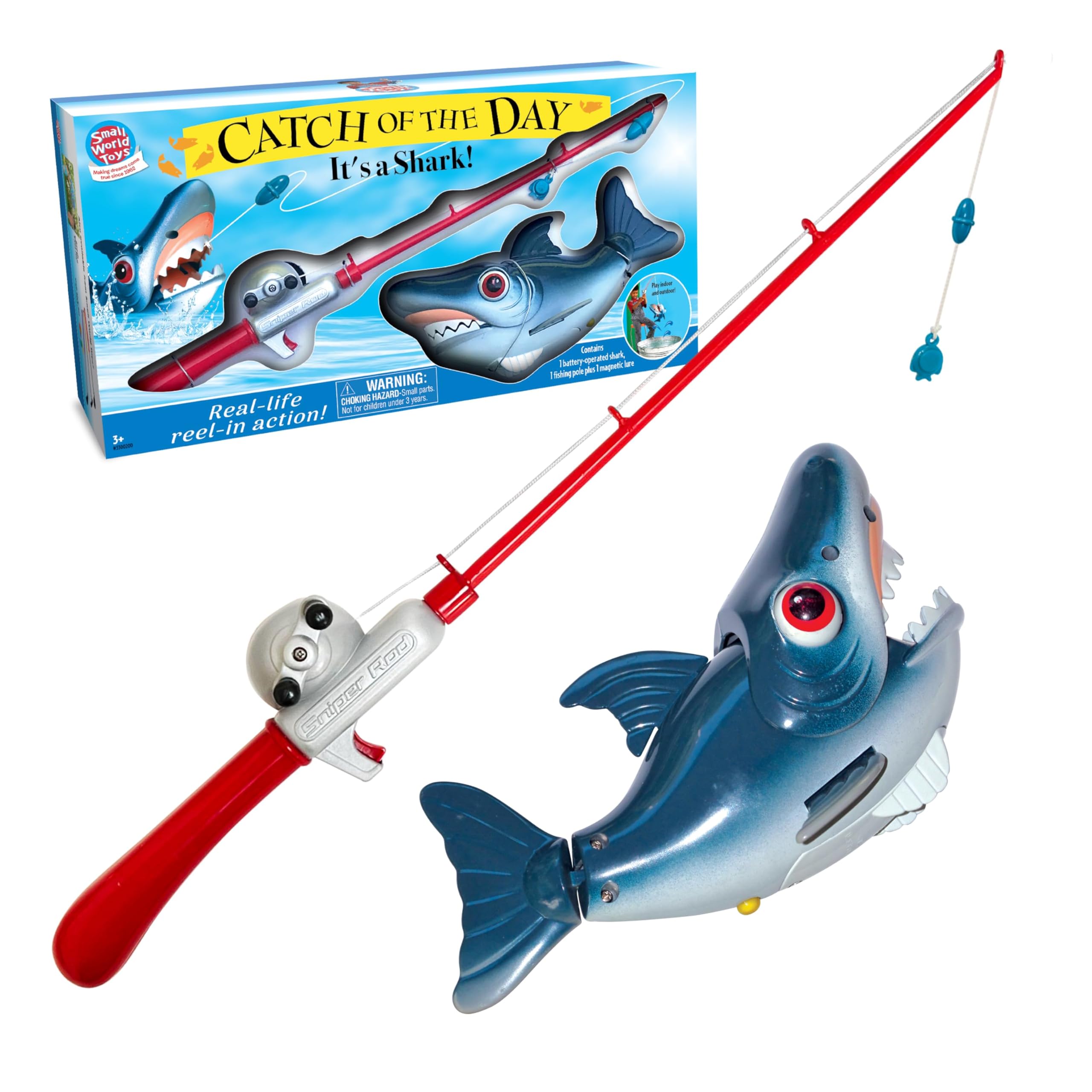 Small World Toys Magnetic Fishing Game, Catch of The Day Shark Fishing Toy for Kids Ages 3+, Includes Kids Fishing Pole and 1 Fish for Toddler Bath Toys, Water Fish Toys