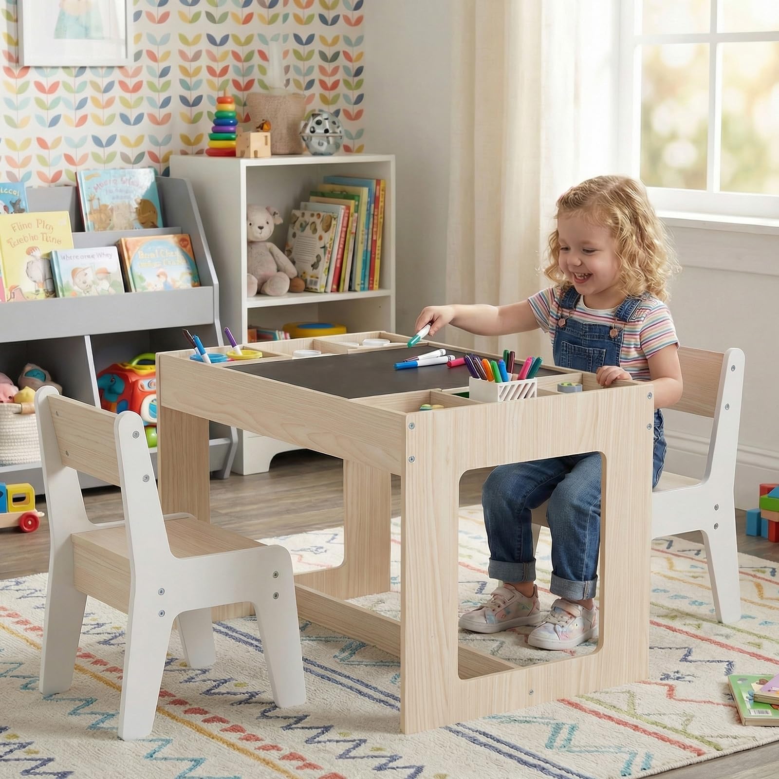 COSTWAY Set Tavolo Multifunzionale per Bambini e 2 Sedie, Tavolo e Sedie in Legno con Piano Doppio Rimovibile, Lavagna Nera & Lavagna Bianca, Compartimenti Laterali con Divisori Staccabili (Naturale)