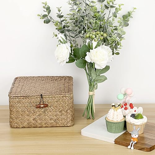 Miniatura 8 de Hipiwe Cestas de mimbre con tapa, cesta de almacenamiento tejida a mano, contenedor cuadrado multiusos para el hogar, cajas para estantes y