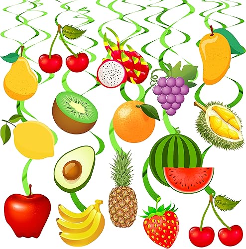 Tutti Frutti - 30 remolinos colgantes para decoración de verano, fiesta de frutas, serpentina de techo para suministros de fiesta temática de
