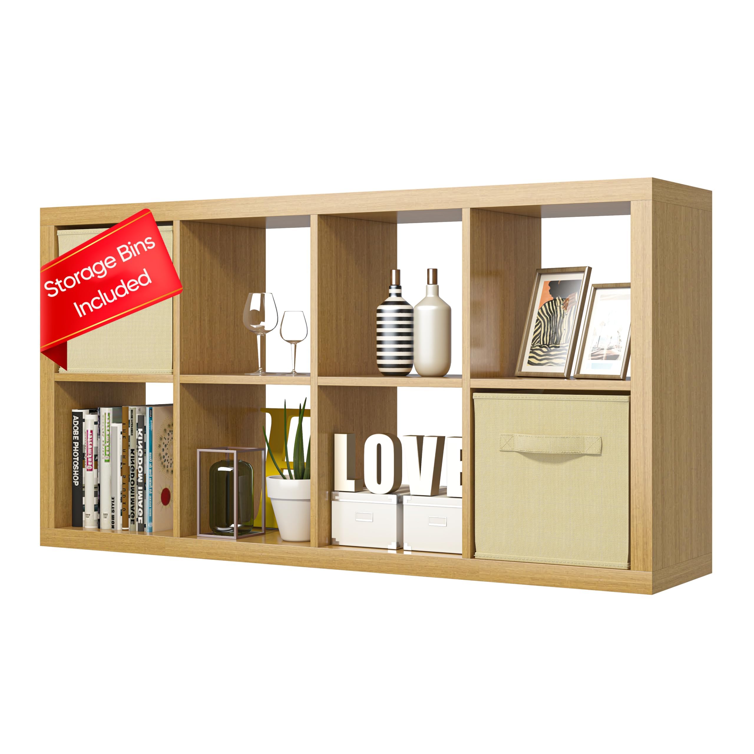 furtble Bookshelf with Storage Bins, 8-Cube Storage Organizer, Modern Wood Open Bookcase, Multifunctional Display Shelf for Living Room, Bedroom, Home
