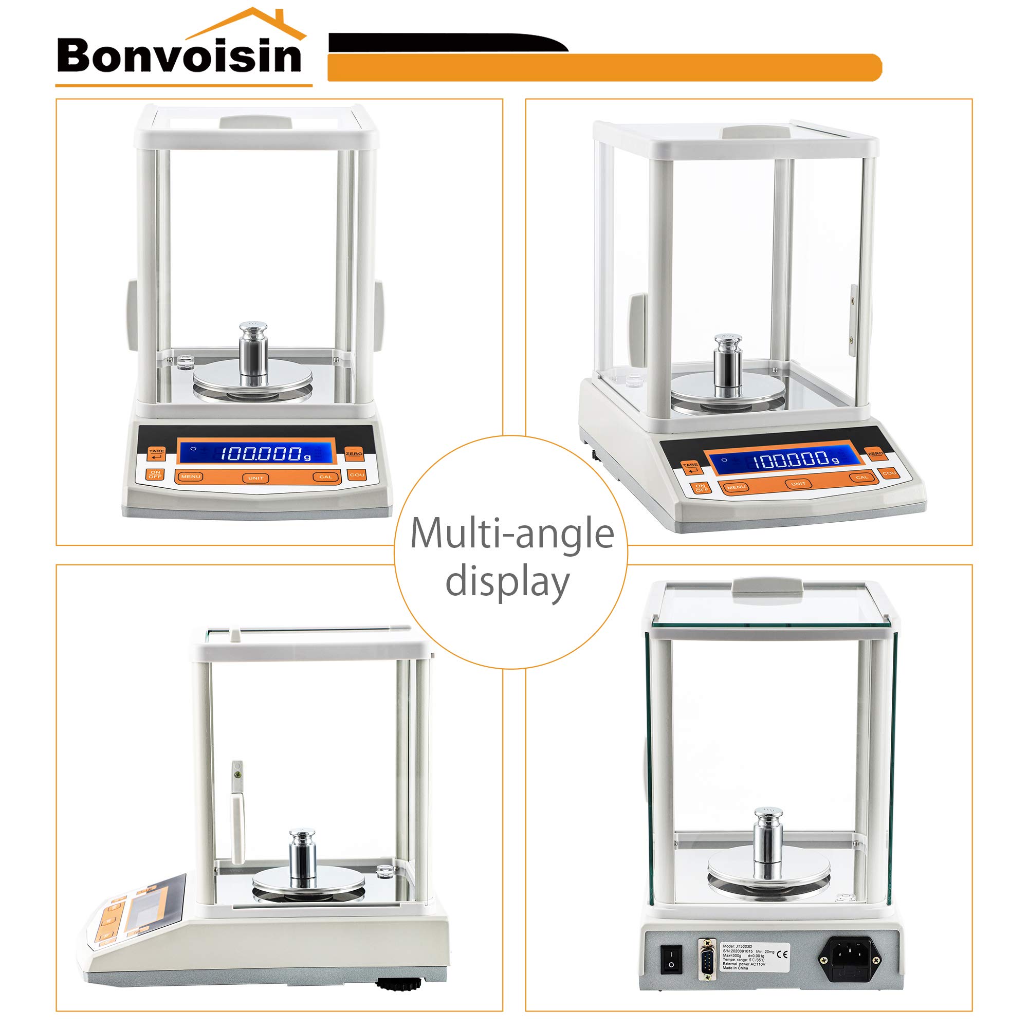 Bonvoisin Analytische Waage, 100 g x 1 mg, Präzisions-Laborwaage, 0,001 g, digitale Analysewaage, RS232-Schnittstelle, elektronische Waage, LCD-Anzeige mit Windschutzscheibe (100 g, 1 mg)