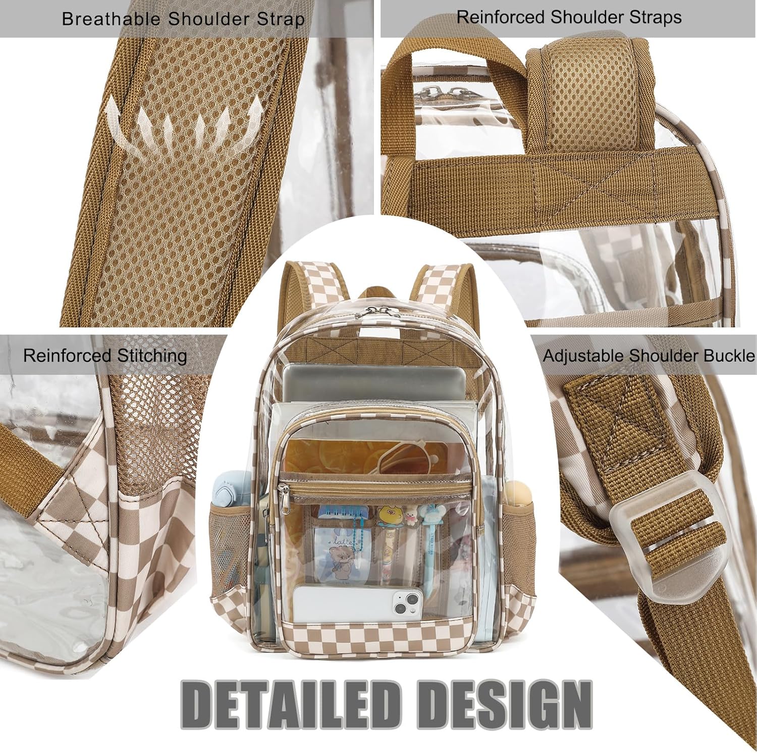 Clear Backpack for School Girls Boys, Heavy Duty Transparent Backpack Kids See-Through Clear Bookbag (Checkered Khaki)