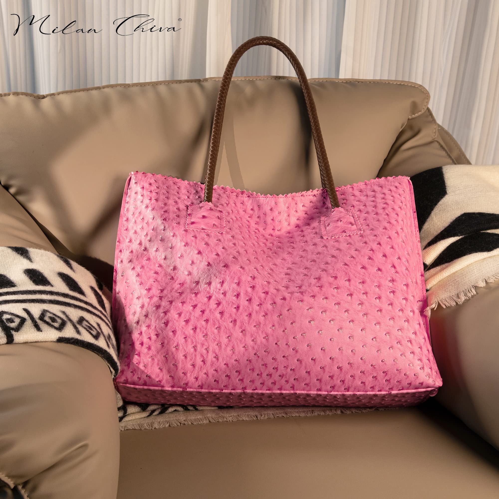 Milan Chiva Tote Bag for Women with Zipper Large Ostrich Vegan Leather Shoulder Purses and Handbags: Fuchsia Rose