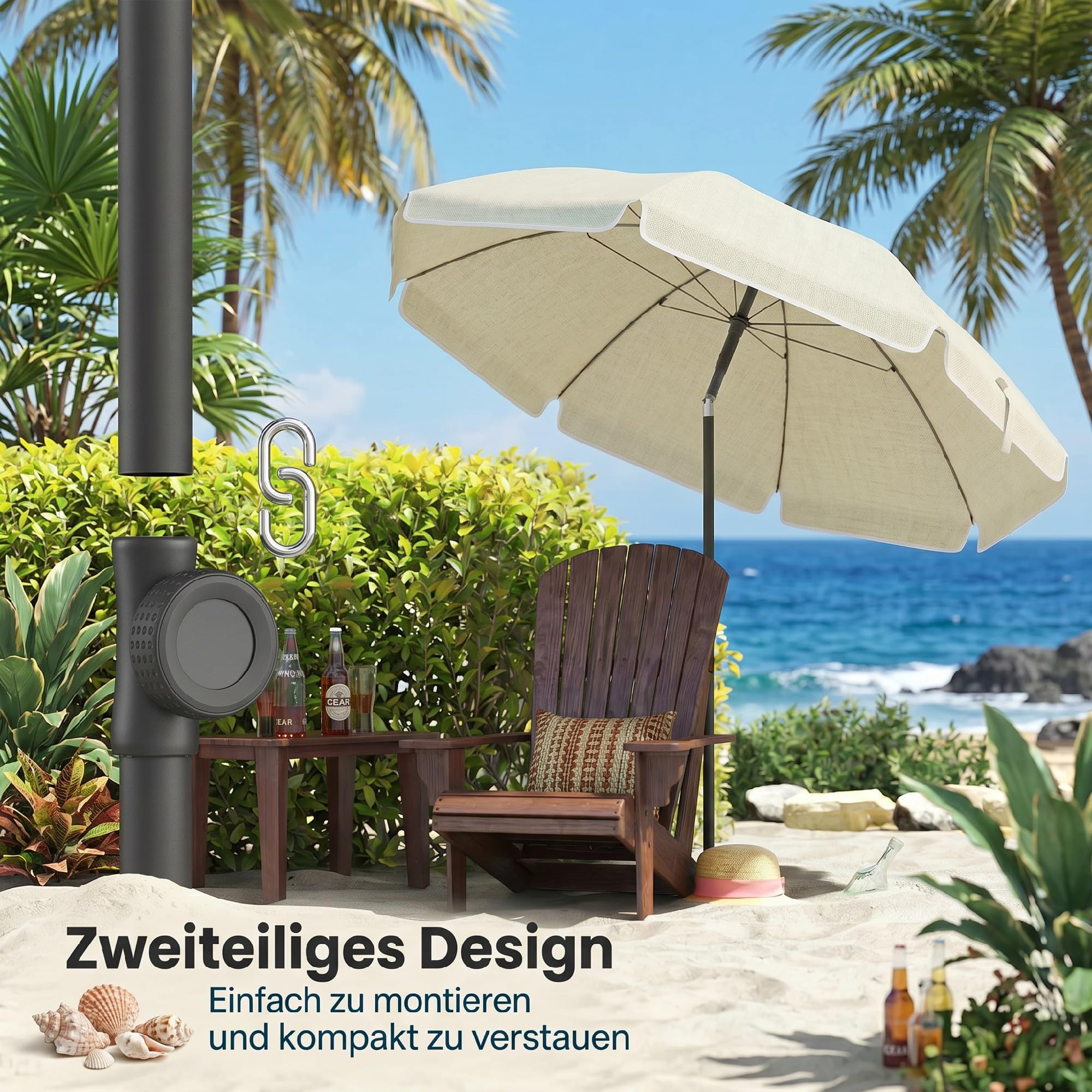 Outsunny Sonnenschirm Strand Ø150 cm Strandschirm mit Sonnenschutz wasserabweisend faltbar mit Sandanker und verstellbarer Neigung Tragetasche für Camping Reisen Strand Beige
