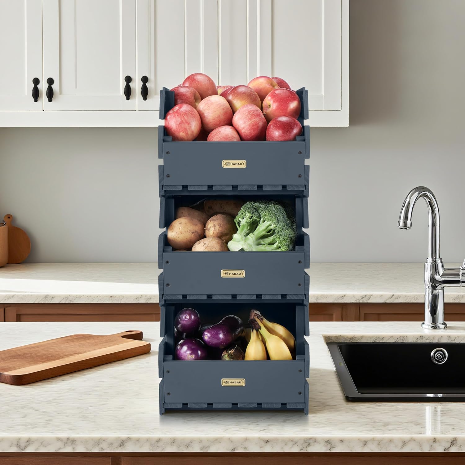 Wood Potato Onion Storage Bins - Wooden Stackable Produce Basket - Fruit Vegetable Storage for Kitchen Pantry Organization, Set 3 Pieces