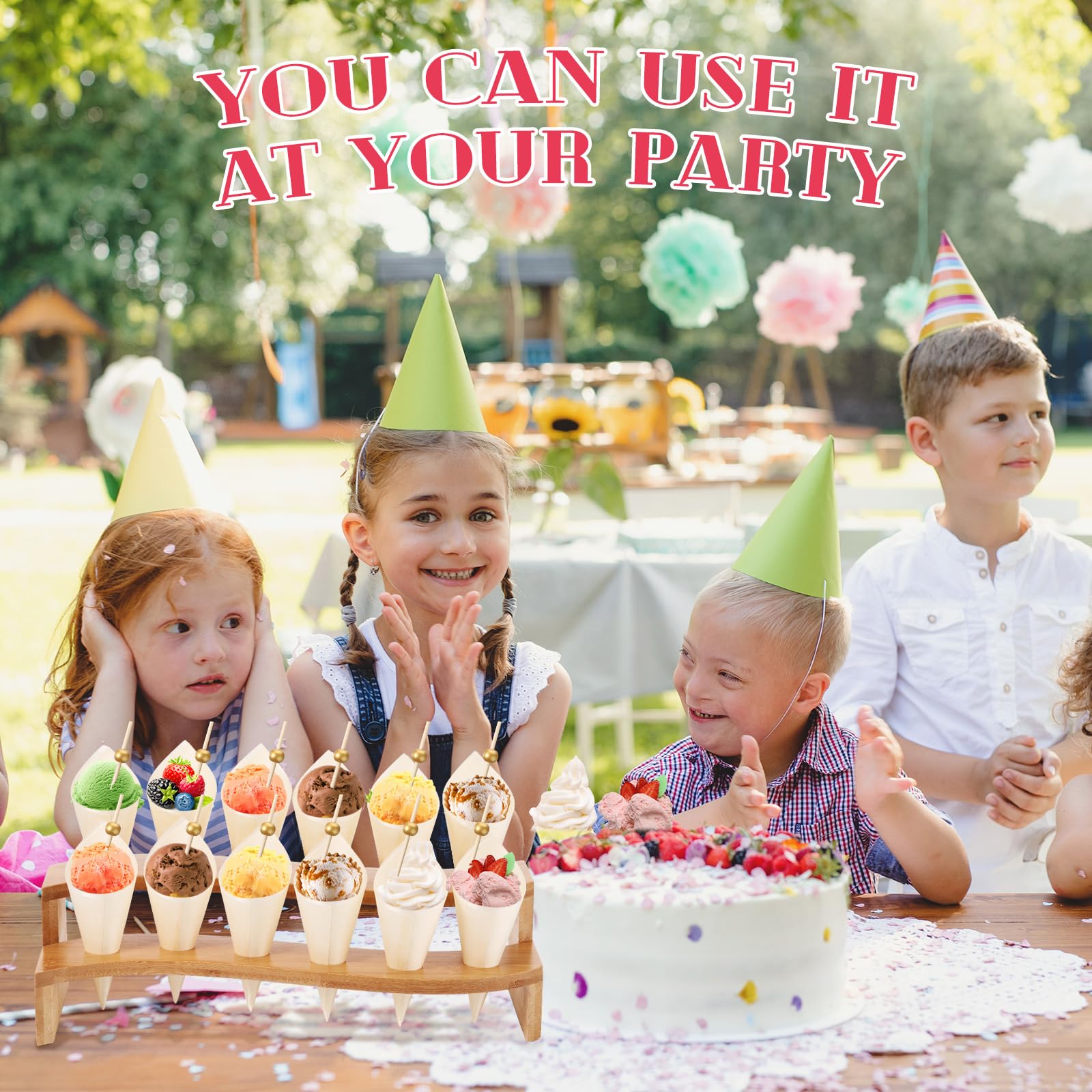 Queekay 100 Disposable Wood Cones for Food with 2 Pcs 12 Holes Ice Cream Cone Display Stand Charcuterie Cones Holder Stand 100 Fancy Toothpicks for Appetizers Catered Events Wedding Buffets Parties