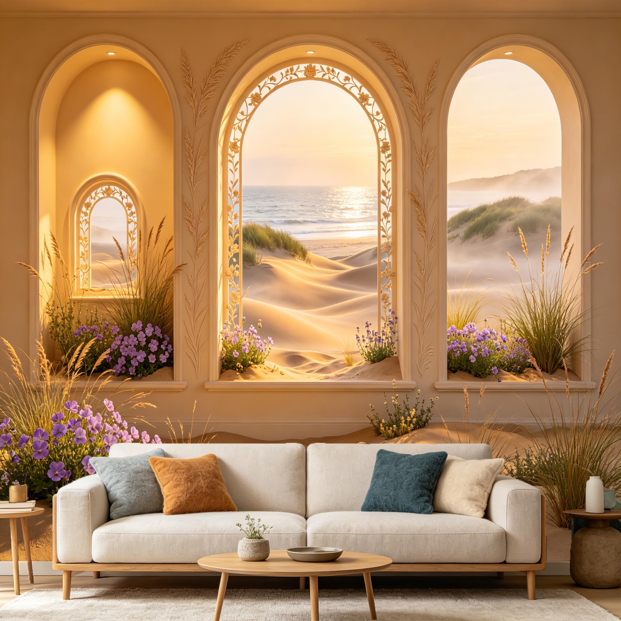 Custom Size Wall Mural， 3D Coastal Sand Dunes Ocean View Archway Window， SelfAdhesive Art Prints wall Fabric Removable Large Wallpaper Home Living Room Decor