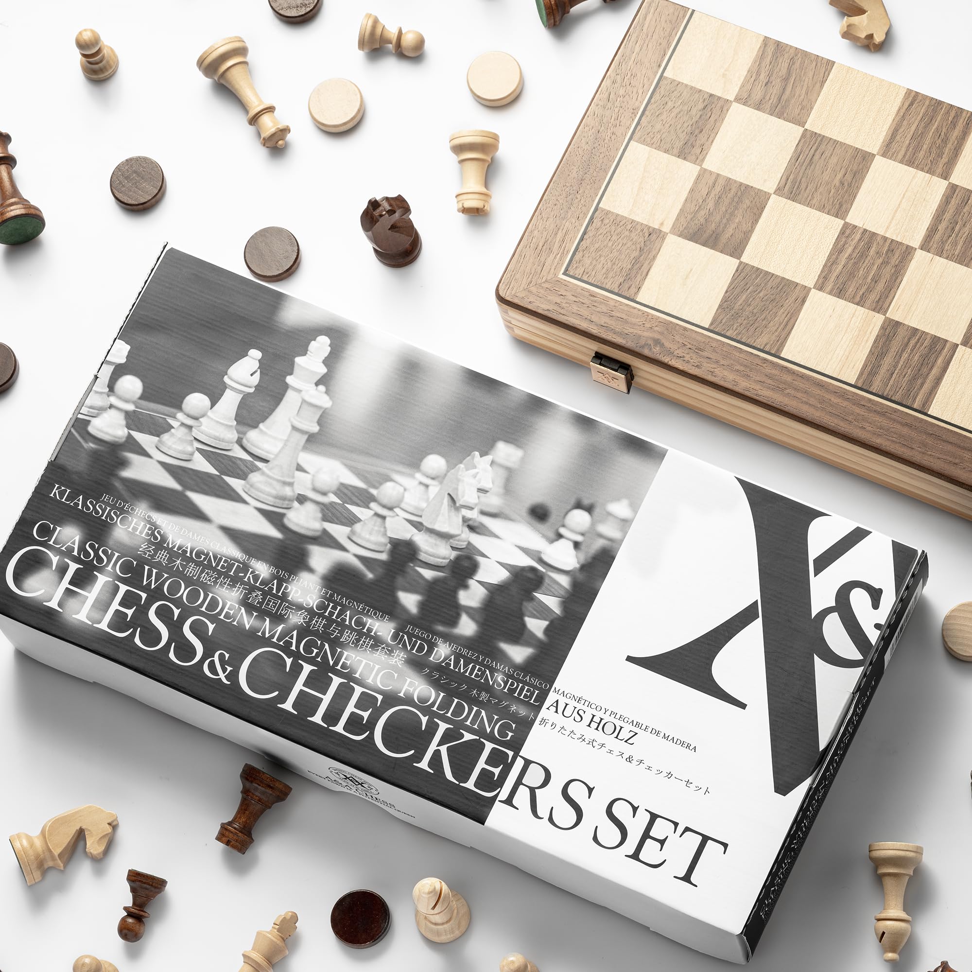 A&A Jeu d'échecs magnétique pliable en bois de 38,1 cm avec pièces d'échecs Staunton de 7,6 cm de hauteur - boîte en pin avec incrustation en acajou et érable