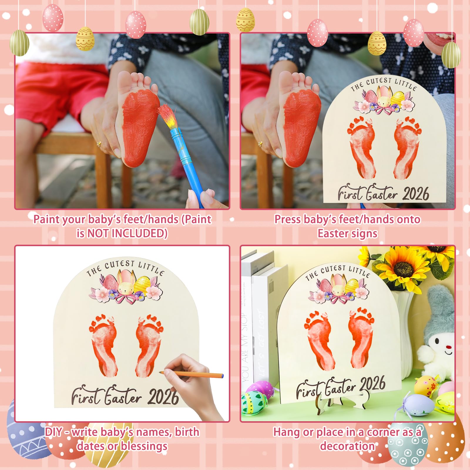 Panneau en bois à faire soi-même pour la première fois de Pâques de bébé, cadeaux de Pâques « My Baby 1st Easter Milestone Signs Have 3D Eggs Carotte Bunny Footprints », cadeaux décoratifs pour les