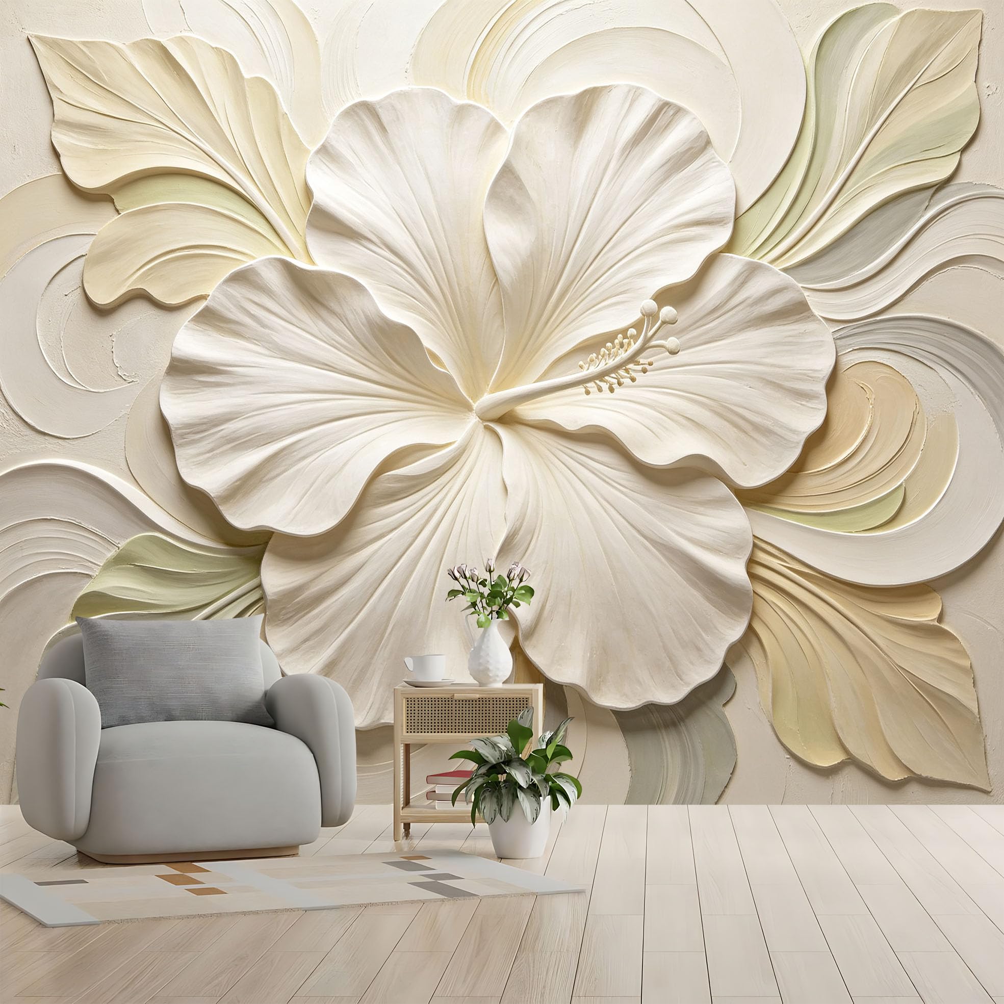 Duży kwiat hibiskusa fototapeta nowoczesna elegancka tropikalna tapeta z włókniny 200 x 140 cm kremowy beżowy botaniczne rzeźbiarskie kwiaty pokrycie ścienne do sypialni salonu jadalni funkcja W