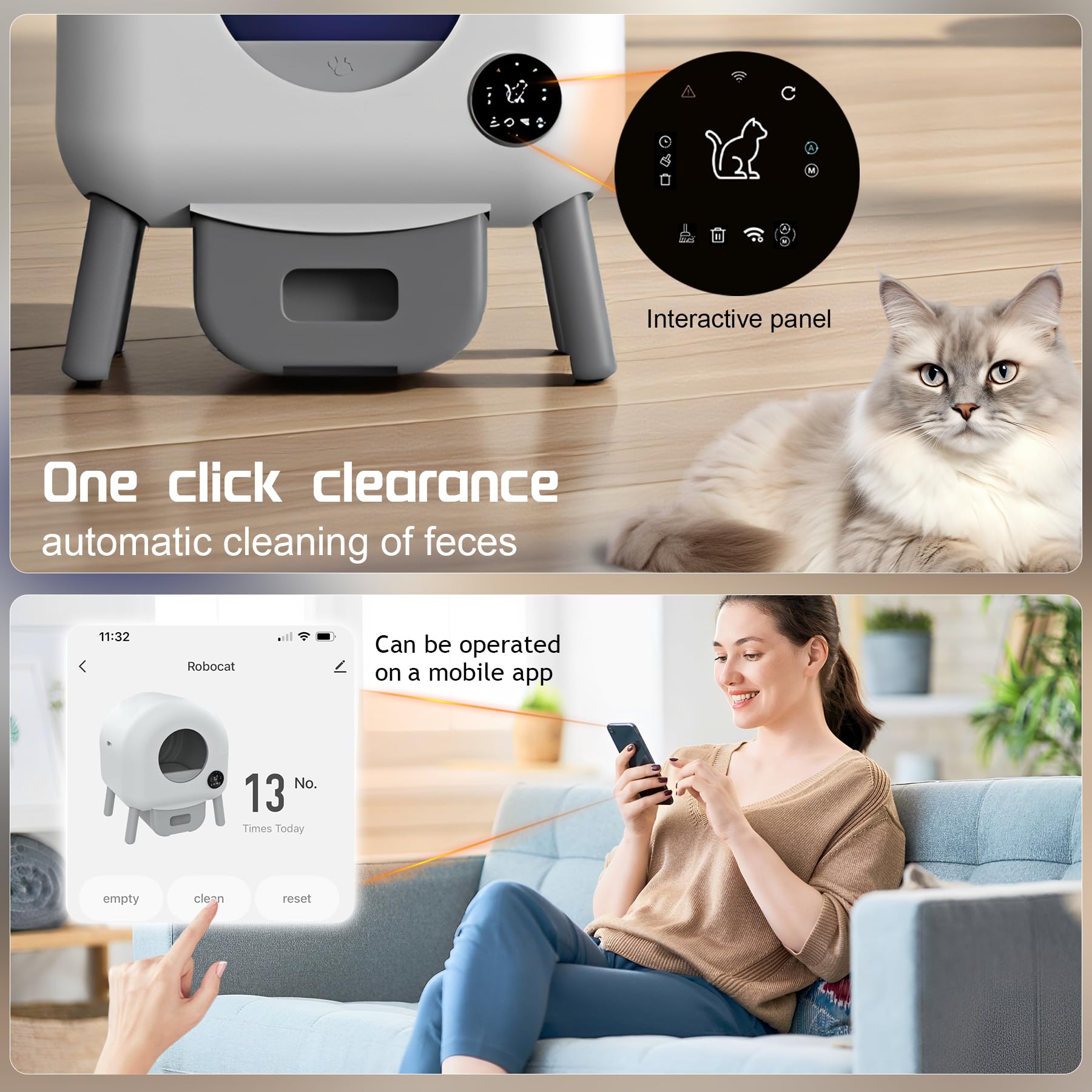 Litière Chat Autonettoyante XXL 76L, App, Anti-Odeur, LED, Multi-Chat | Capteurs sécurité anti-pincement, module parfum anti-odeur, 76L+13L, 1.5-12.5kg, éclairage LED, app poids, multi-chats, 15j.